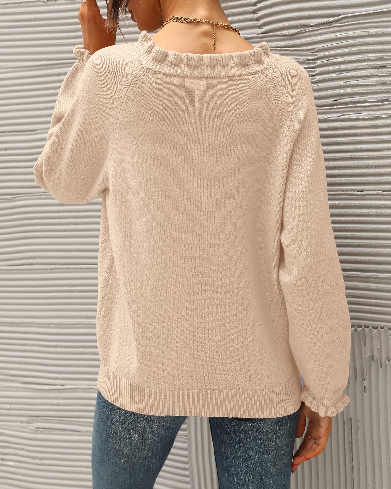 FreshPretty Womens Sweaters Fall Winter Clothes Long Sleeve Button Down Ruffle Crew Neck Casual Knitted Pullover Tops