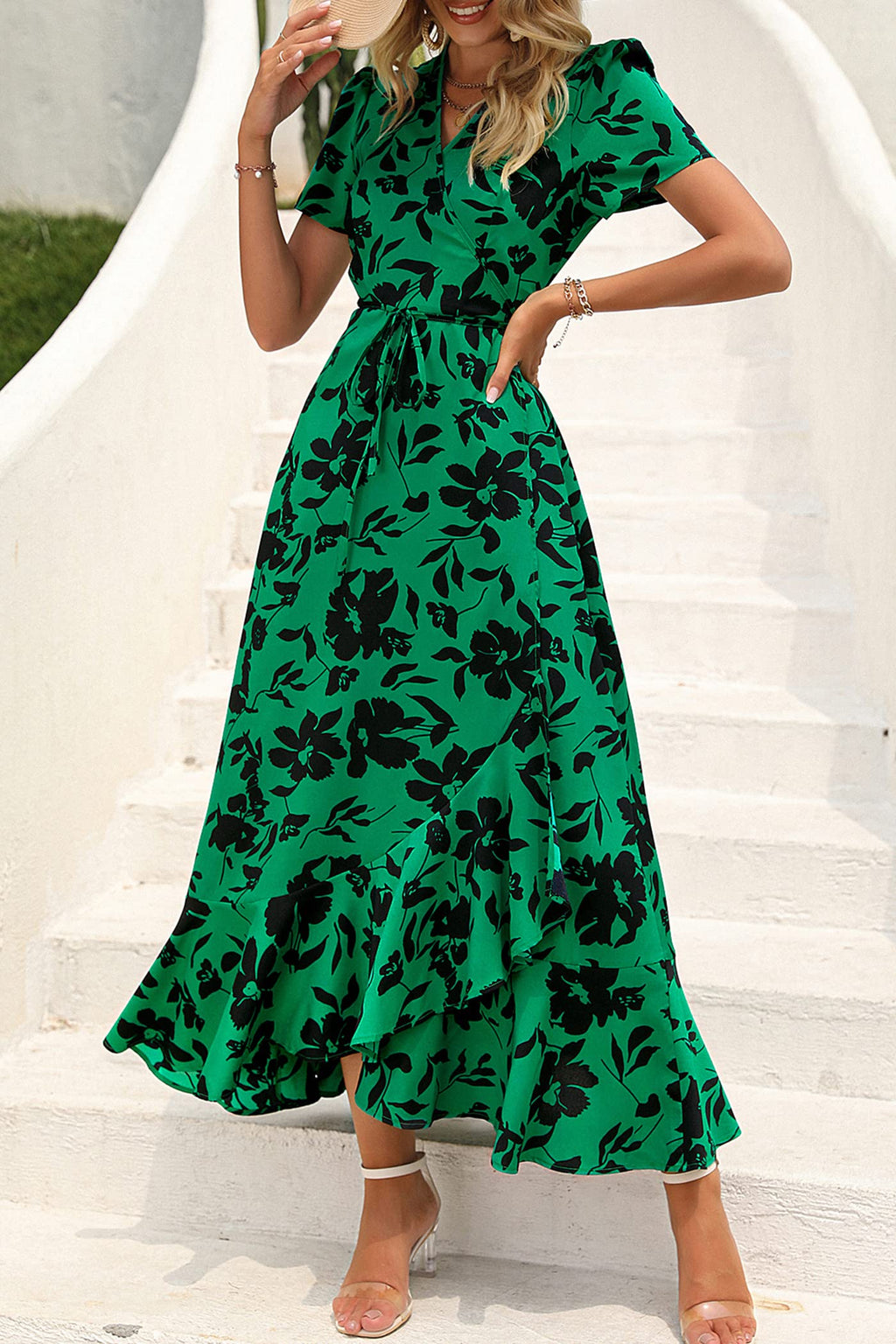 PRETTYGARDEN Women's Summer Maxi Dress Casual Wrap Floral Boho Short Sleeve V Neck Split Ruffle Beach Long Dresses