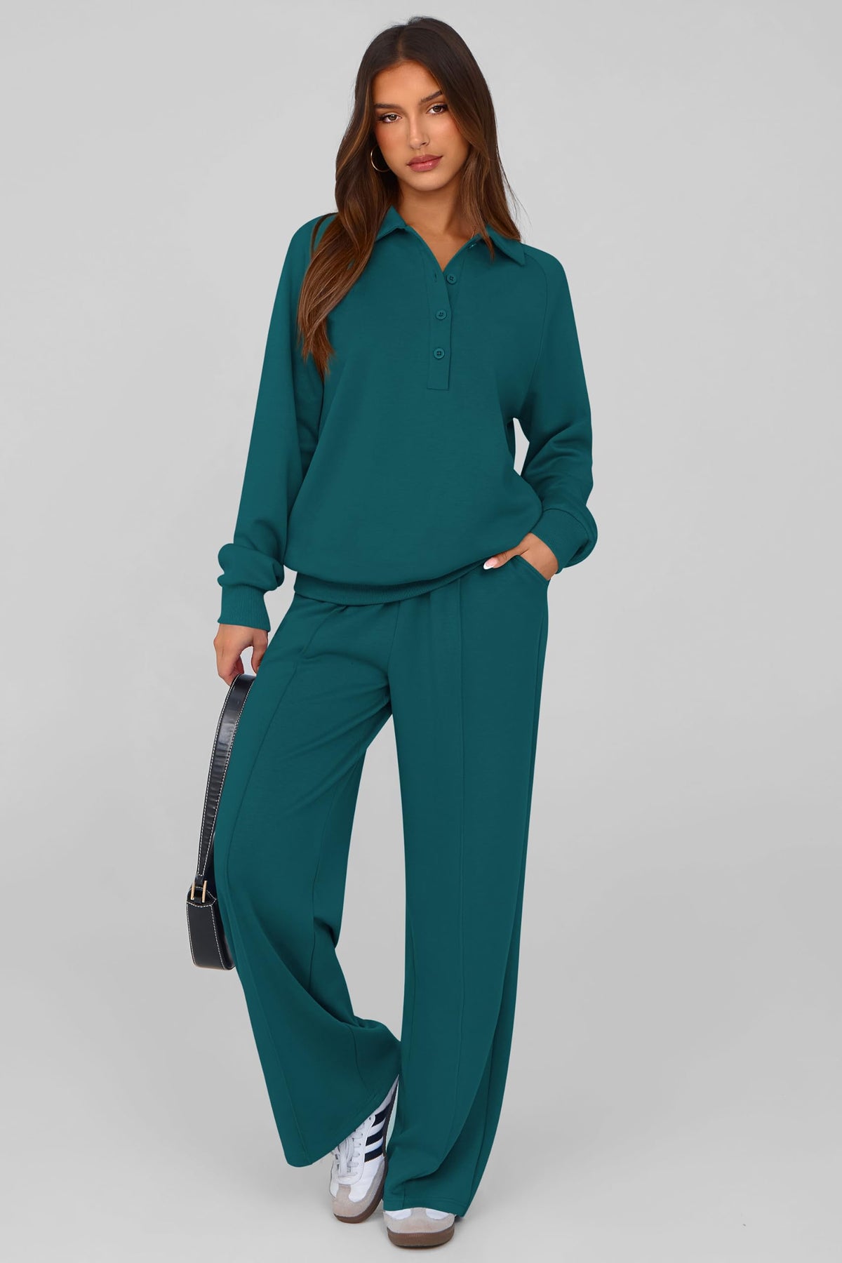 PRETTYGARDEN Women Fall 2 Piece Outfits Sweatsuits Lounge Sets Quarter Button Long Sleeve Sweatshirt, Wide Leg Sweat Pants, Casual 2 Piece Sets Tracksuit, Airport Travel Outfits for Women