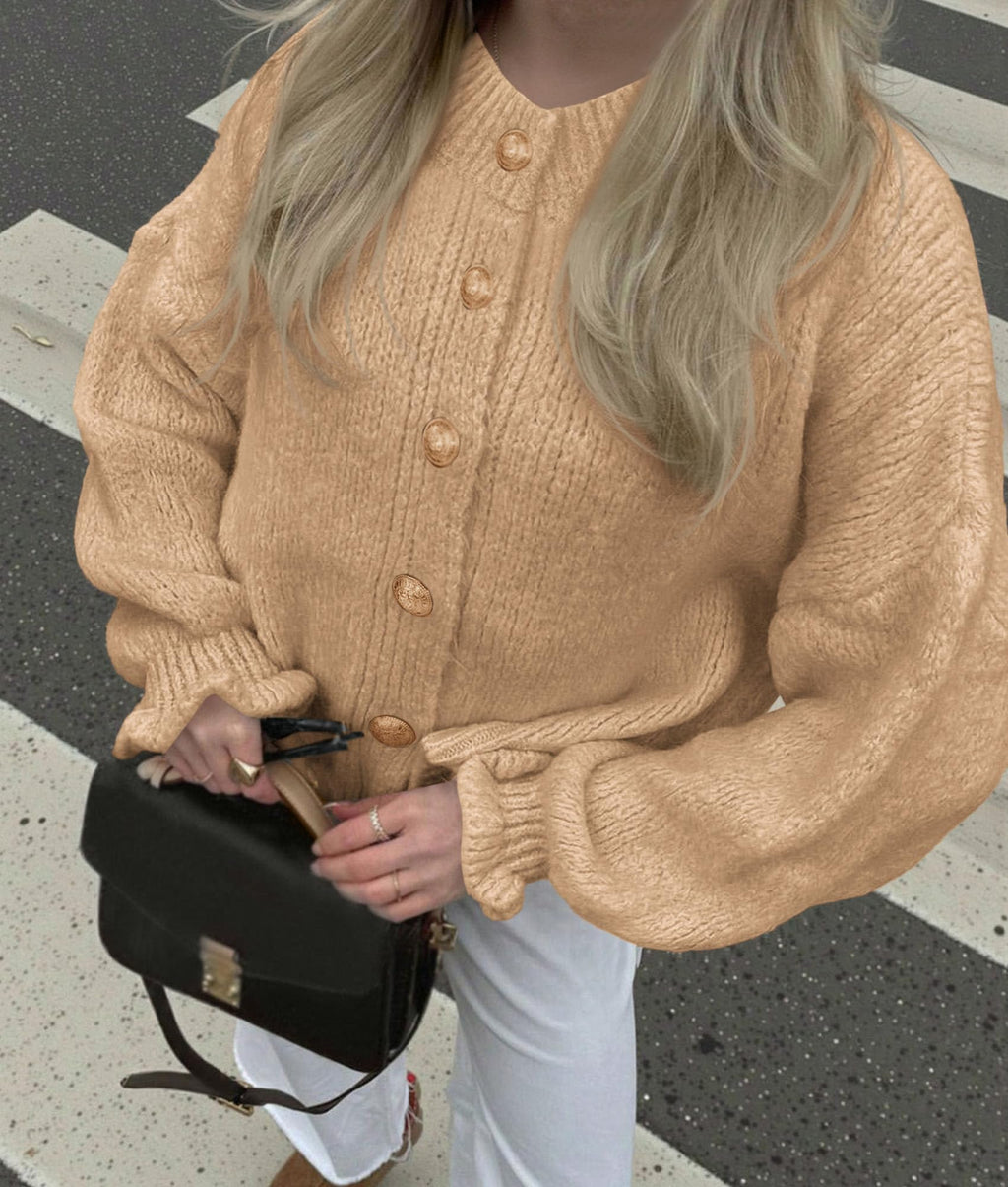 PRETTYGARDEN Womens Cropped Cardigans Trendy Ruffle Open Front Chunky Knit Sweater Oversized Button Down Fall Clothes