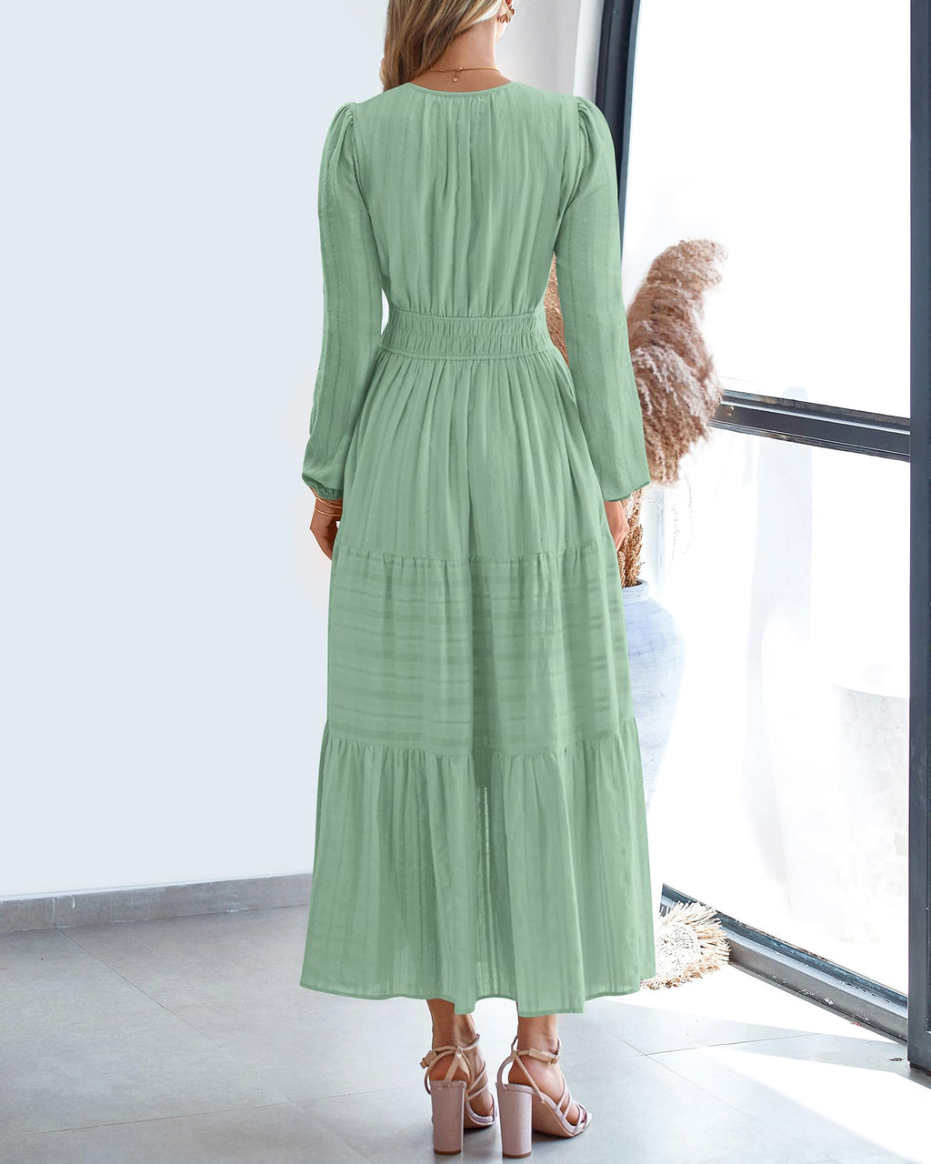 BTFBM Spring Dresses for Women 2026 Casual Long Sleeve V Neck Elastic Waist Lightweight Maxi Wedding Guest Dress Pockets