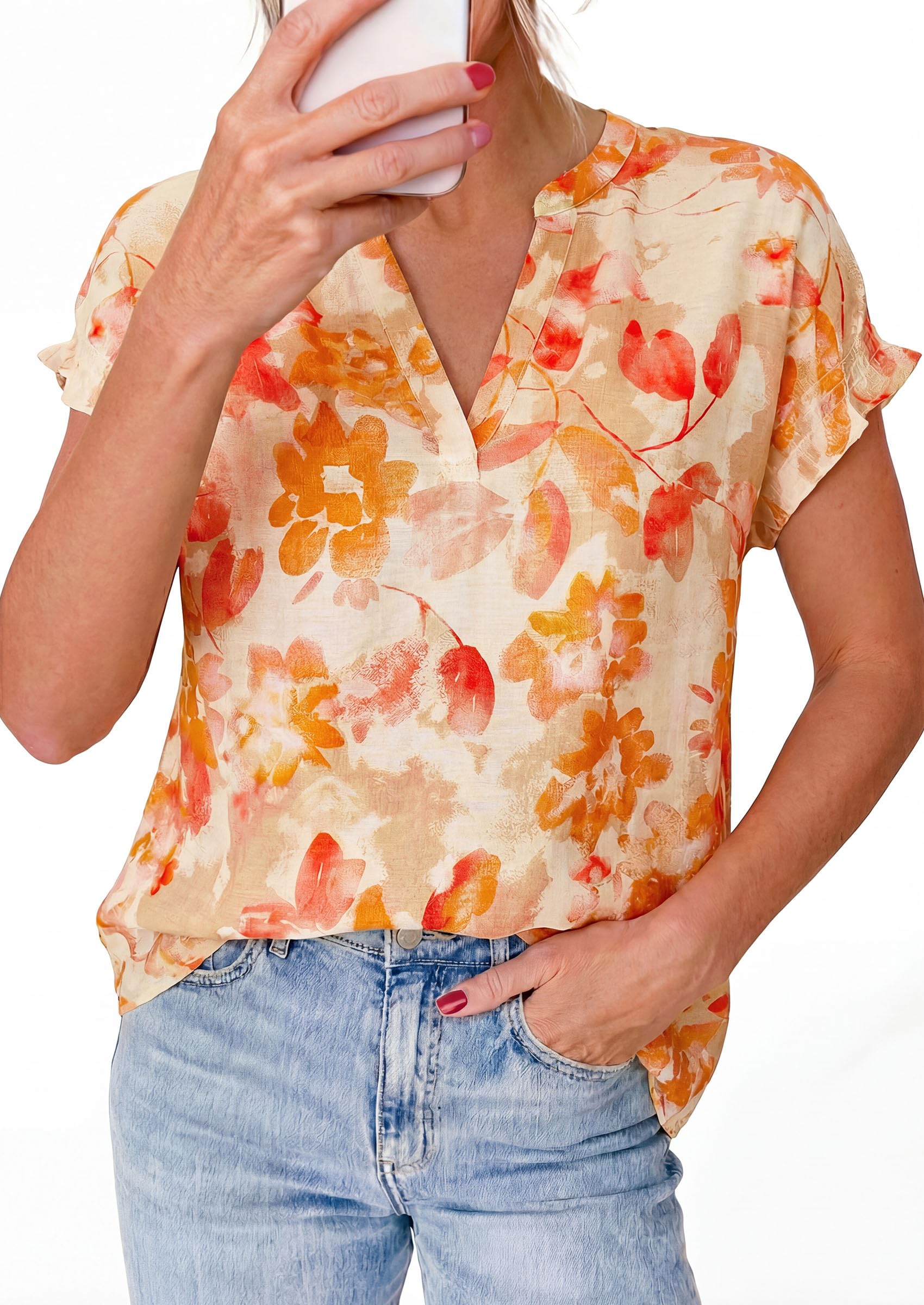 PRETTYGARDEN Womens Floral Print Short Sleeve Summer Tops Trendy V Neck Loose Boho Shirts Casual Work Blouses