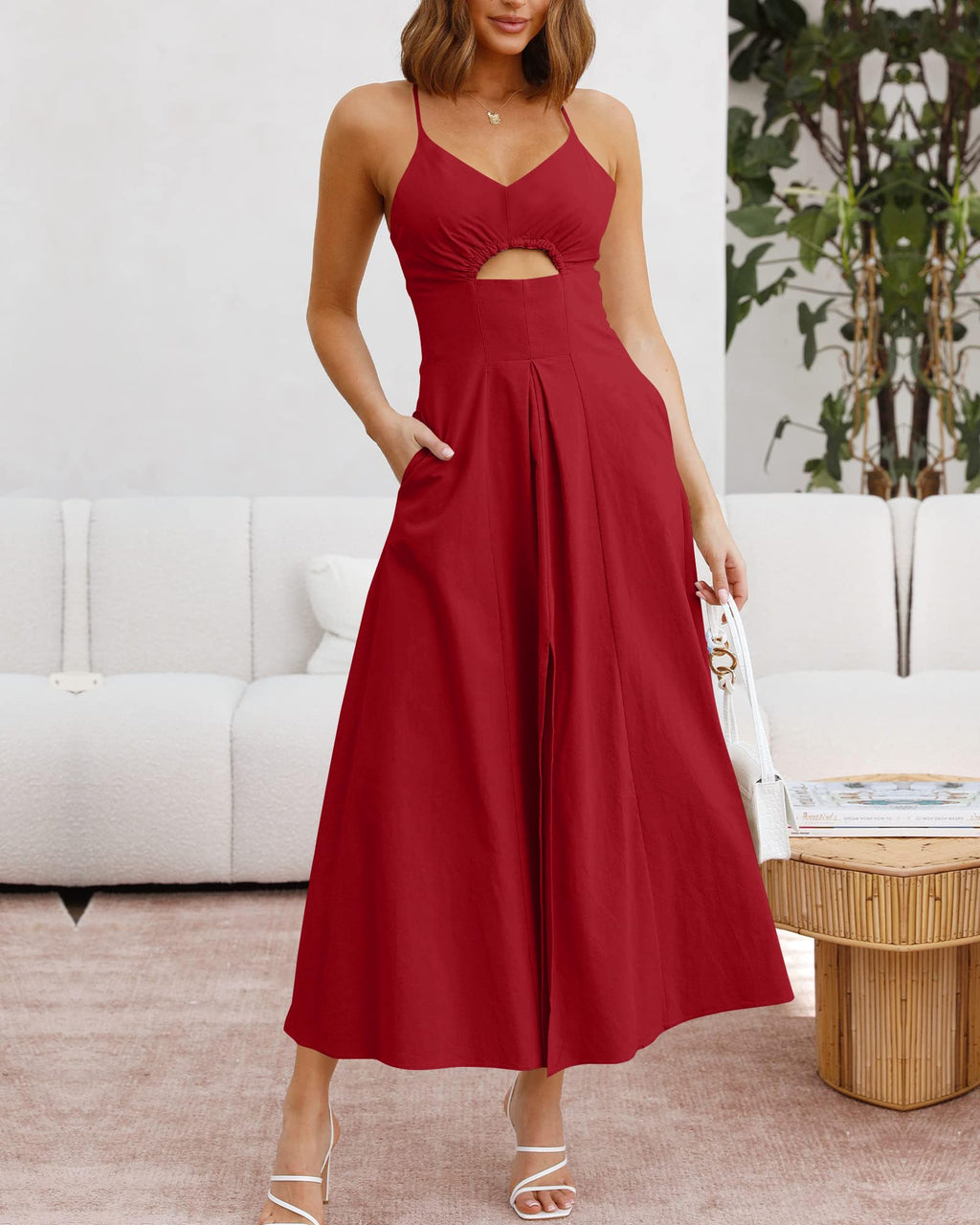 BTFBM Women Spaghetti Strap Midi Summer Dresses Sleeveless V Neck Cutout Slit Casual Beach Party Maxi Dress Pockets