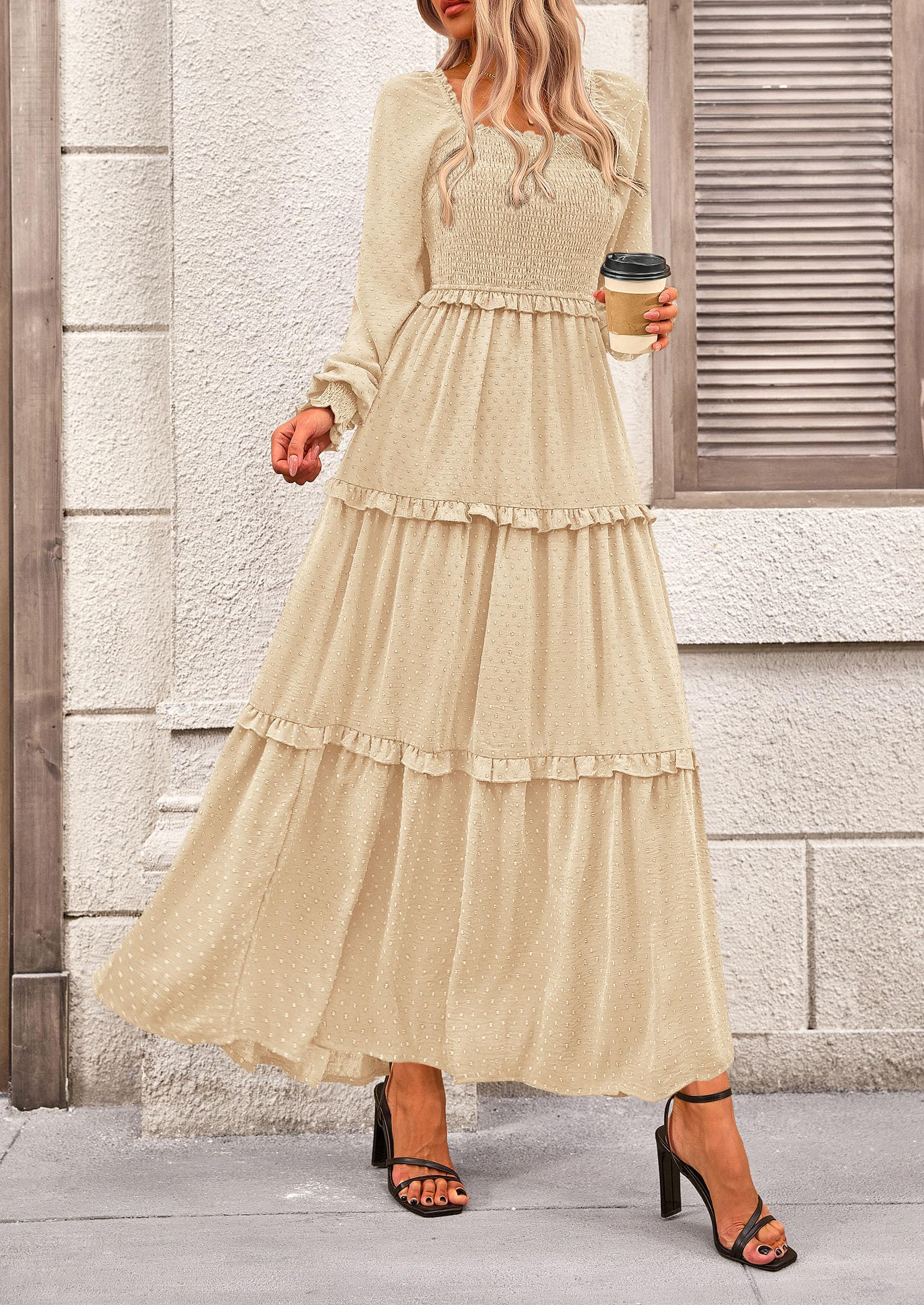 PRETTYGARDEN Fall Dresses for Women Long Sleeve Smocked Square Neck Swiss Dot Tiered Flowy Wedding Guest Maxi Dress