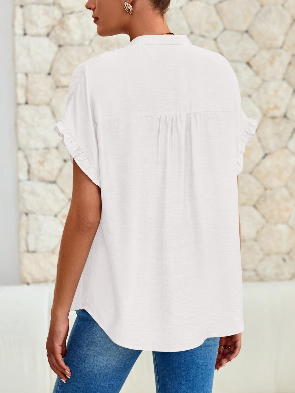 FreshPretty Womens Button Down Shirts Ruffle Short Sleeve Loose Summer Tops Dressy Casual V Neck Business Work Blouses