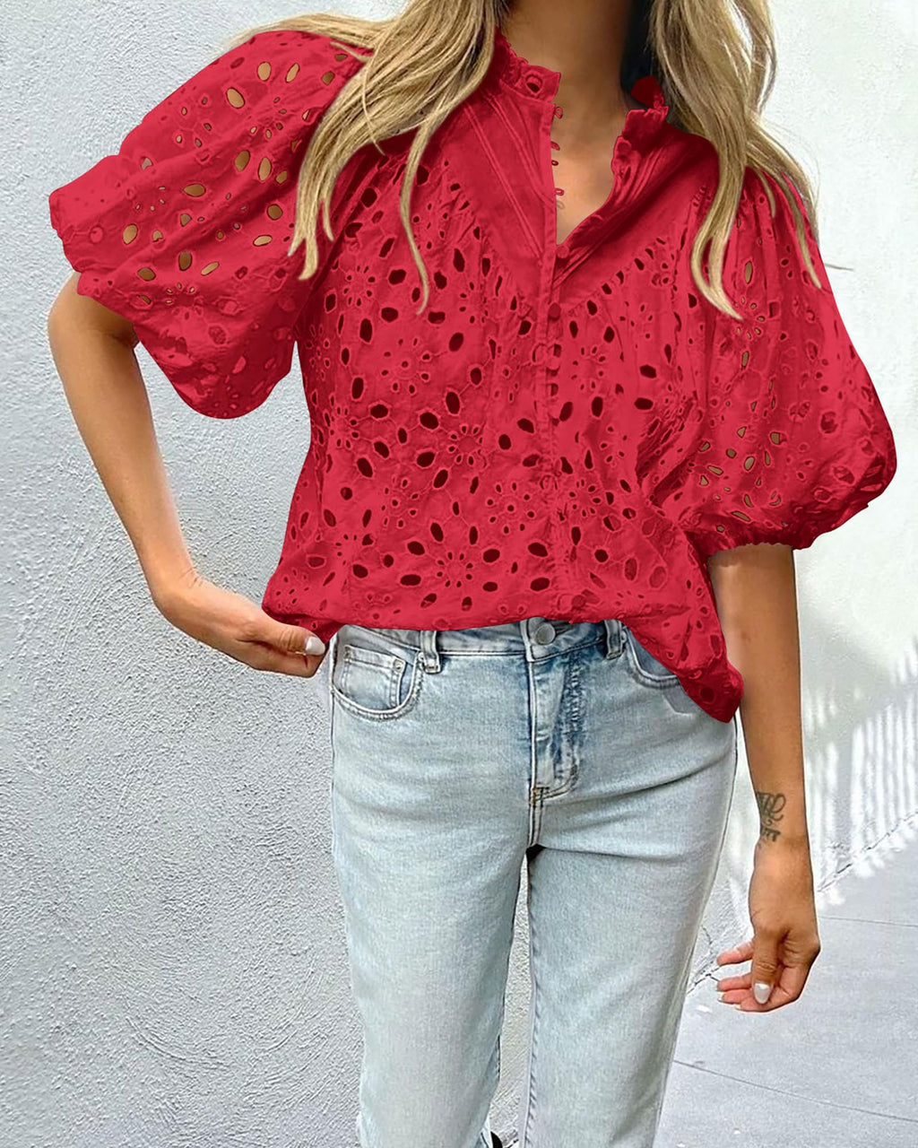 PRETTYGARDEN Women's Summer Tops Dressy Casual Short Sleeve V Neck Buttons Hollow Out Lace Embroidered Blouses Shirts