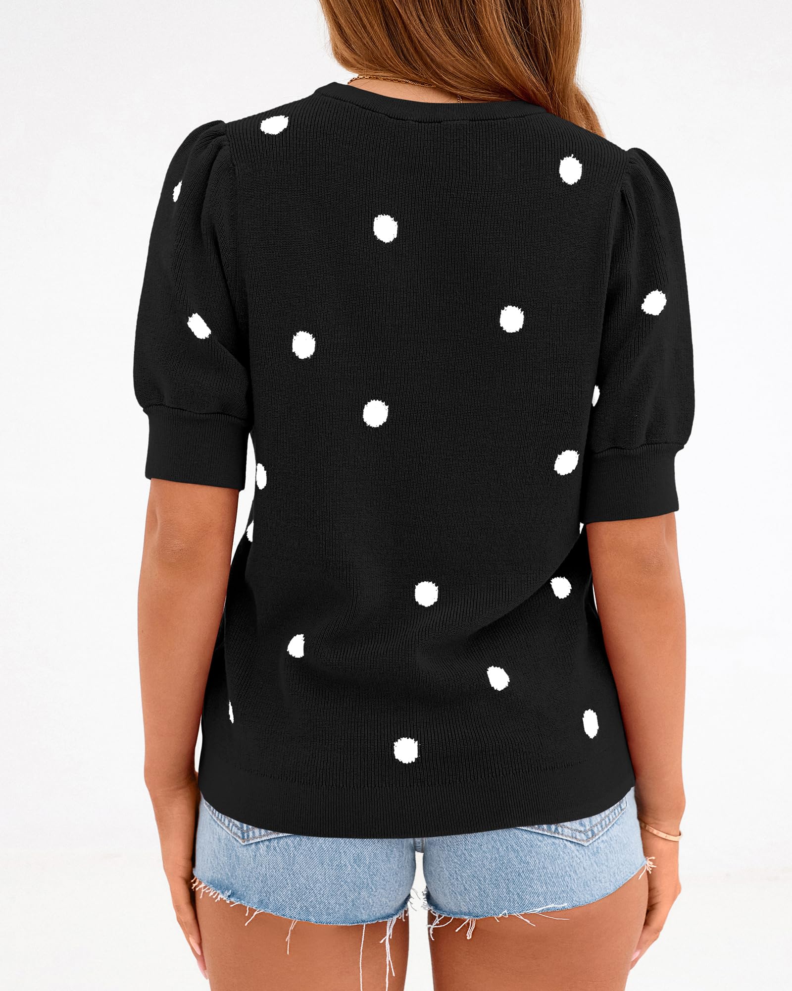 BTFBM Womens Sweaters Polka Dot Short Sleeve Sweater for Women Crew Neck Knit Summer Tops Business Dressy Casual Blouses