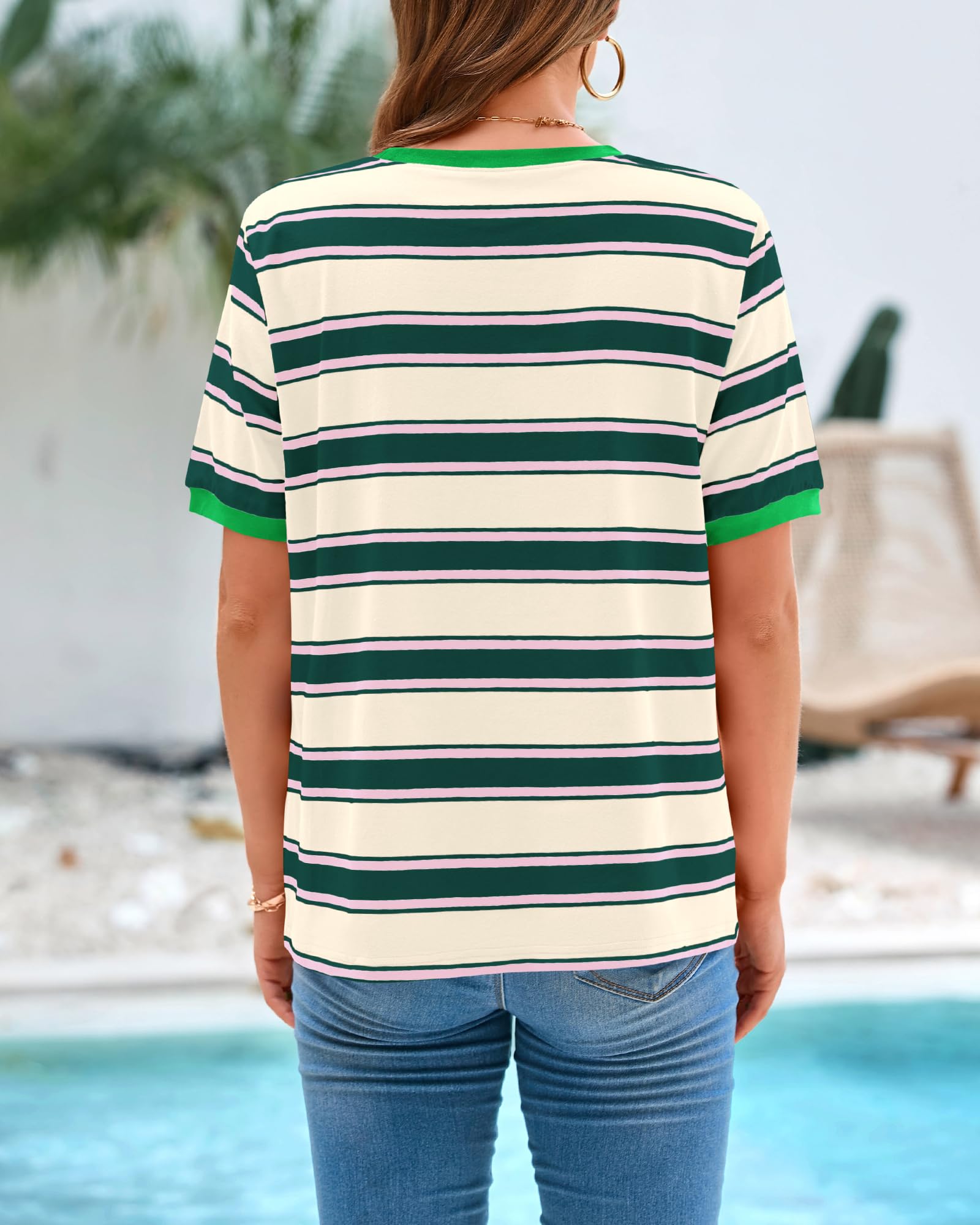 BTFBM Summer Tops for Women Crewneck Short Sleeve Striped T Shirts Casual Spring Clothes Color Block Basic Tee Blouses