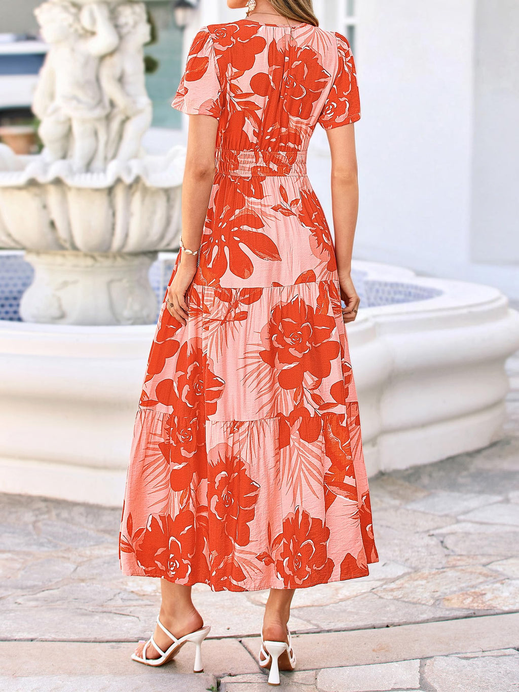 BTFBM Womens Summer Floral Maxi Dresses V Neck Short Sleeve Boho Casual Flowy Long Wedding Guest Dress Beach Vacation