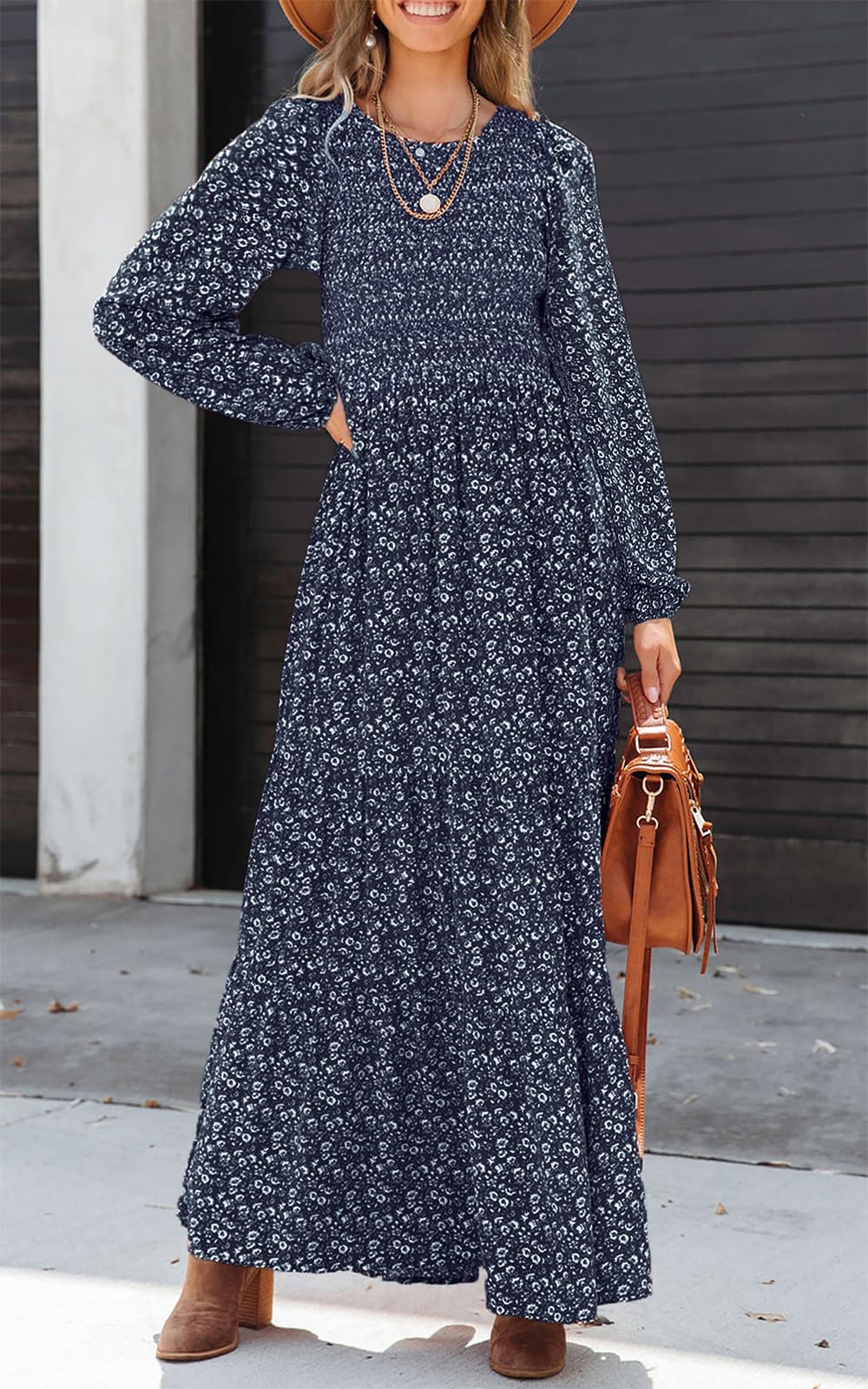 PRETTYGARDEN Women's Fall Dresses Long Sleeve Flowy Casual Floral Maxi Dress Crew Neck Smocked Tiered Long Dress