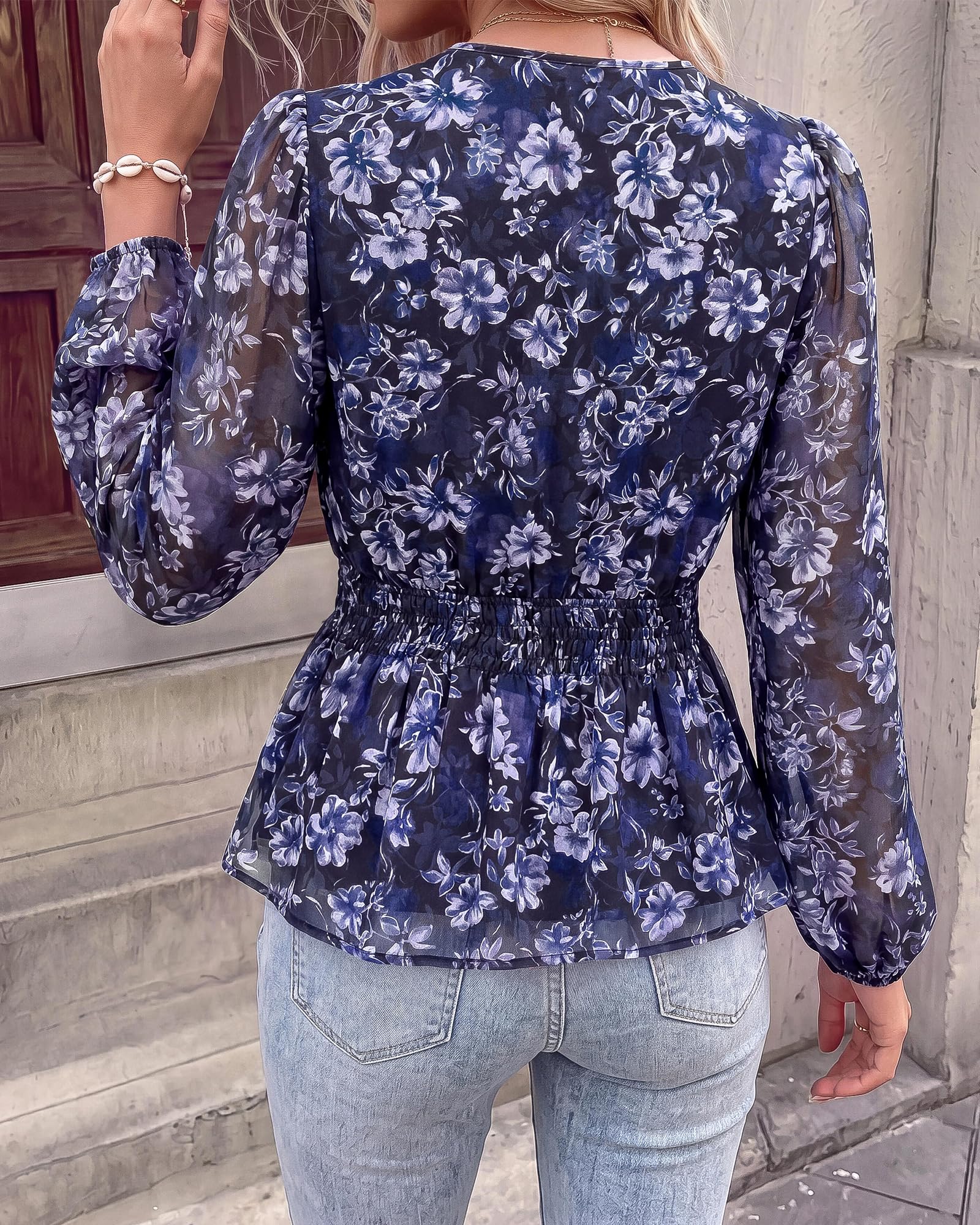BTFBM Womens Tops Dressy Casual Floral V Neck Long Sleeve Chiffon Shirts | Chiffon Lantern Sleeve Flowy Peplum Sheer Top,Elastic Waist Babydoll Blouses,Boho Vacation Outfits,Fall Fashion Clothing