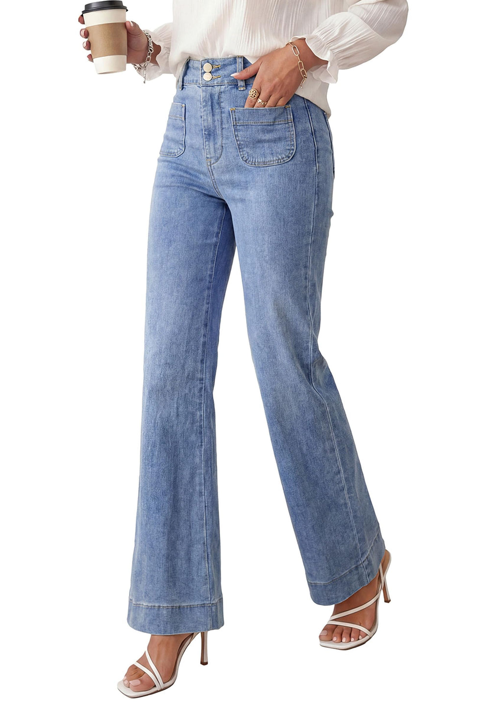 PRETTYGARDEN Womens Wide Leg Jeans High Waisted Stretchy | High Rise Flare Jeans with Front Patch Pockets, Loose Fit Daily Wear Denim, Trendy Office Work Pants, Business Casual Outfits