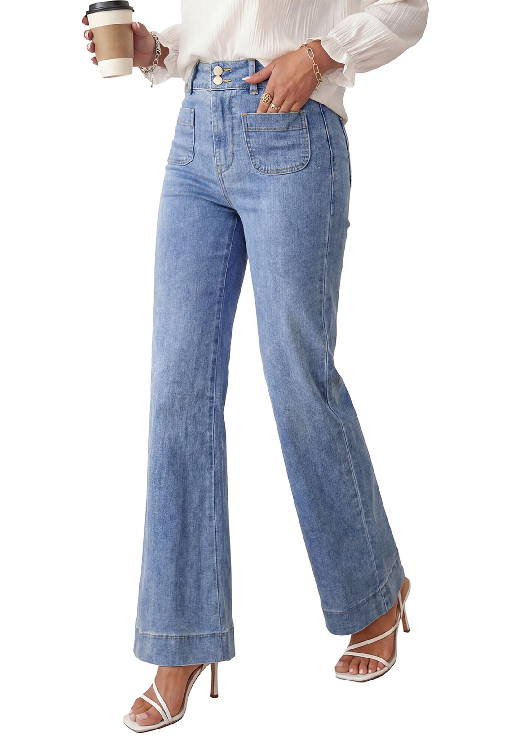 PRETTYGARDEN Womens Wide Leg Jeans High Waisted Stretchy | High Rise Flare Jeans with Front Patch Pockets, Loose Fit Daily Wear Denim, Trendy Office Work Pants, Business Casual Outfits