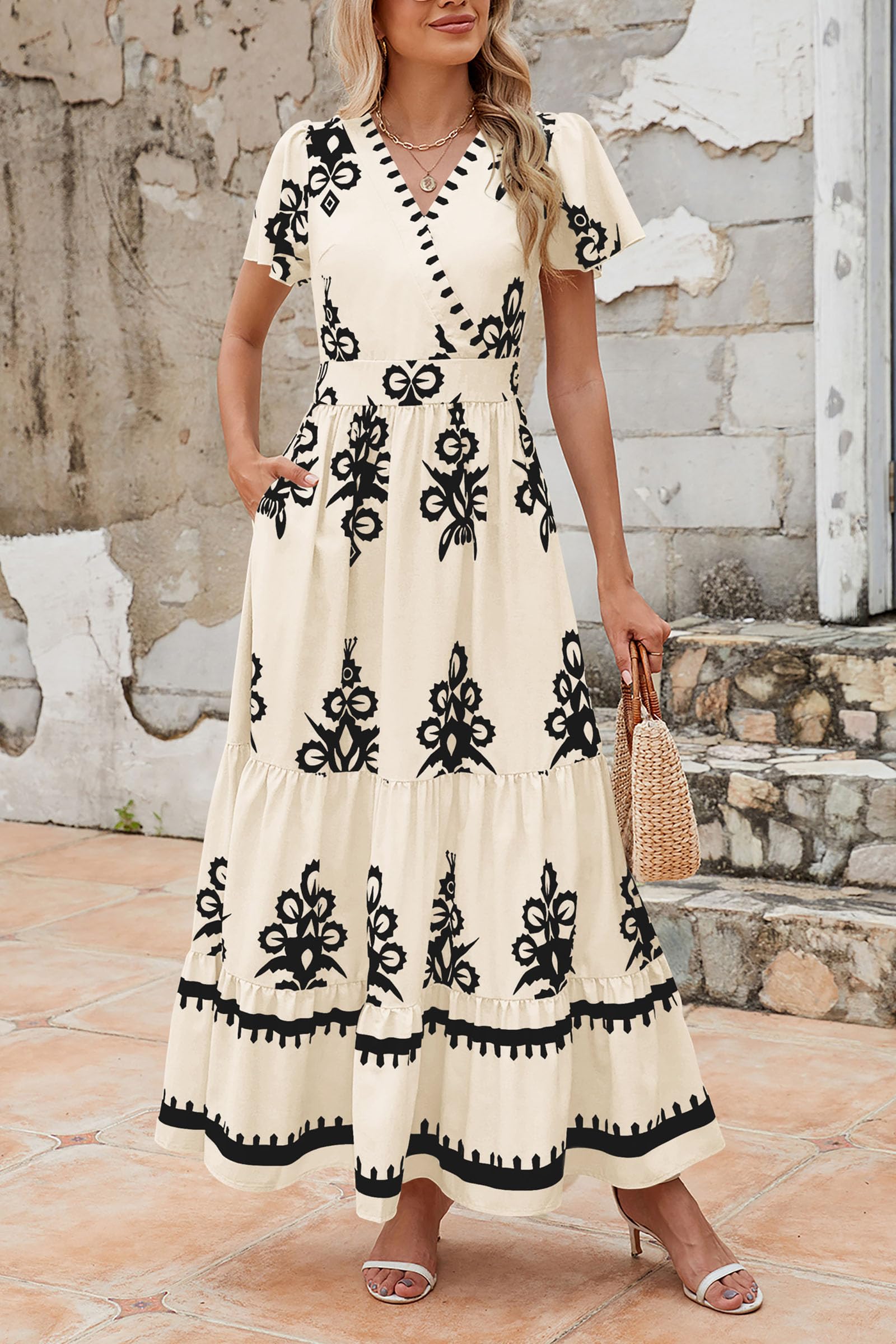 PRETTYGARDEN Womens Summer Casual V Neck Boho Maxi Dress Flowy Aline Bell Sleeve Tiered Floral Dresses with Pocket