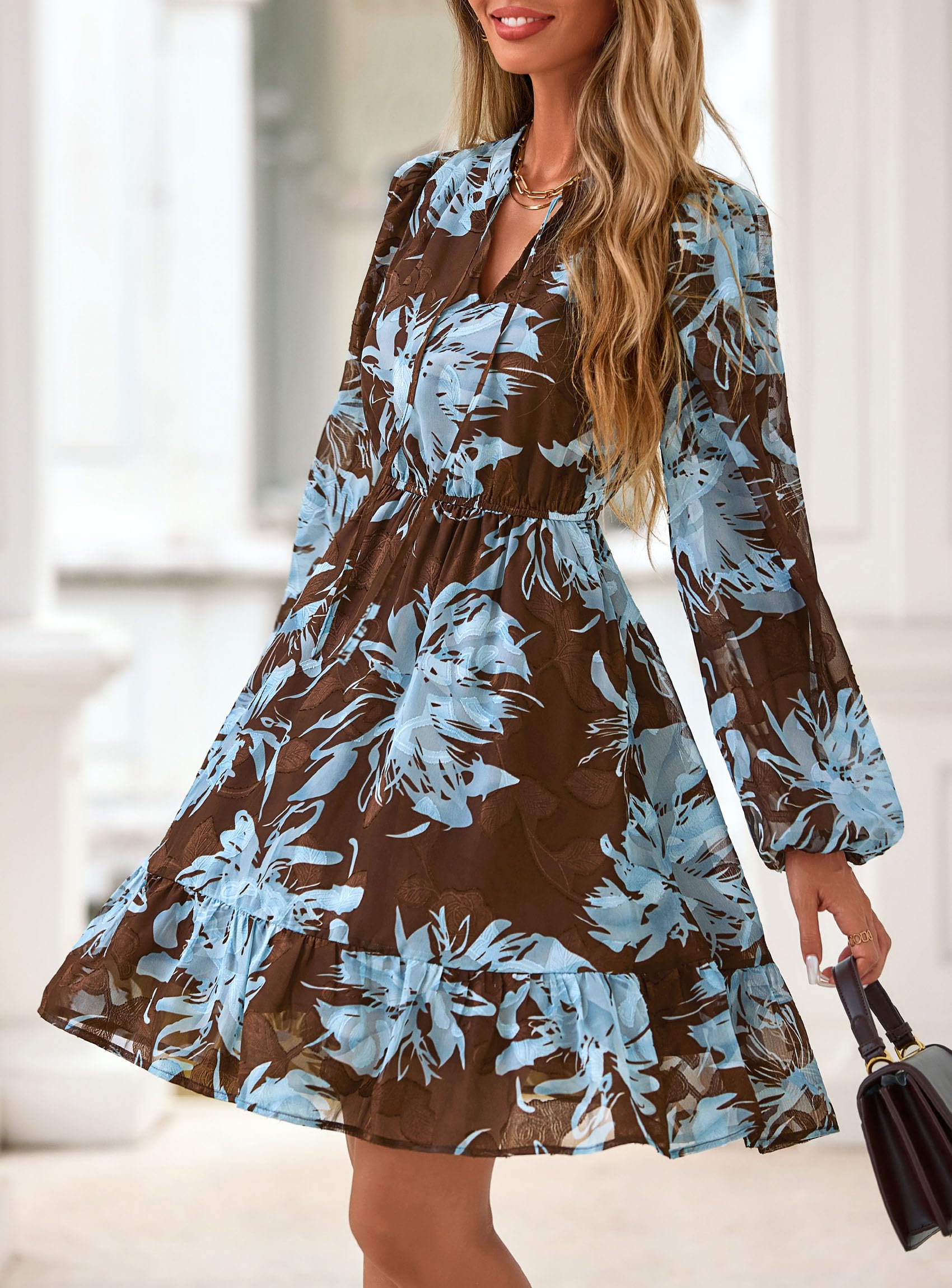 PRETTYGARDEN Women's Fall Boho Dresses  Floral Long Sleeve V Neck Mini Flowy Wedding Guest Dress Trendy Vacation Outfits
