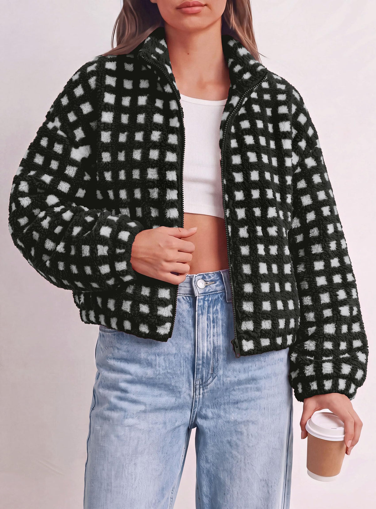 PRETTYGARDEN Women's Gingham Sherpa Fleece Jacket Plaid Cropped Teddy Coat Trendy Y2K Winter Jacket, Zip Up Stand Collar, Side Pockets, Fall Outfit for Casual Daily, Going Out, Streetwear, Outdoor