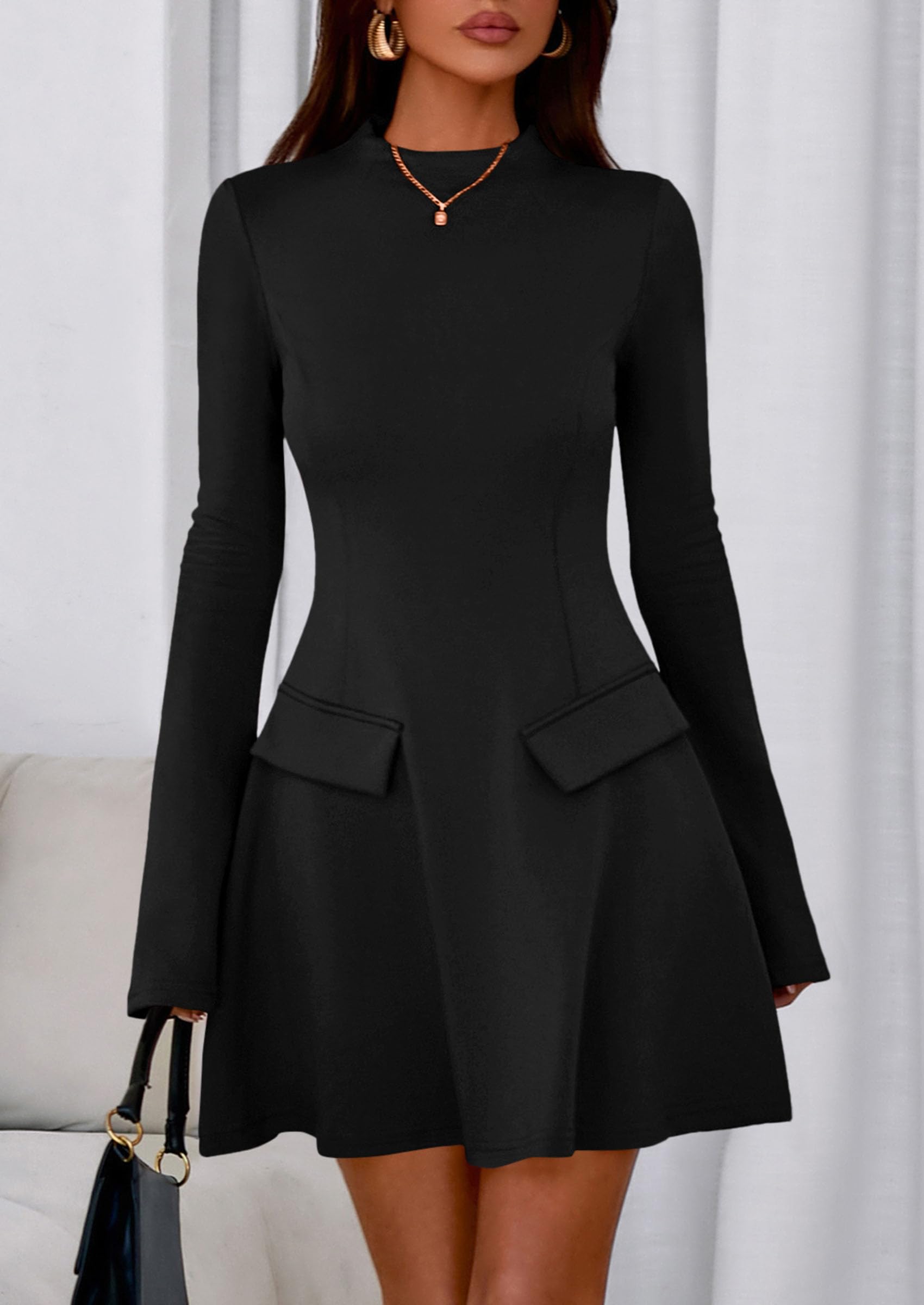 PRETTYGARDEN Women's Elegant Holiday Short Dress  Fall Bell Long Sleeve Mock Neck Work Business Casual Party Mini Dress