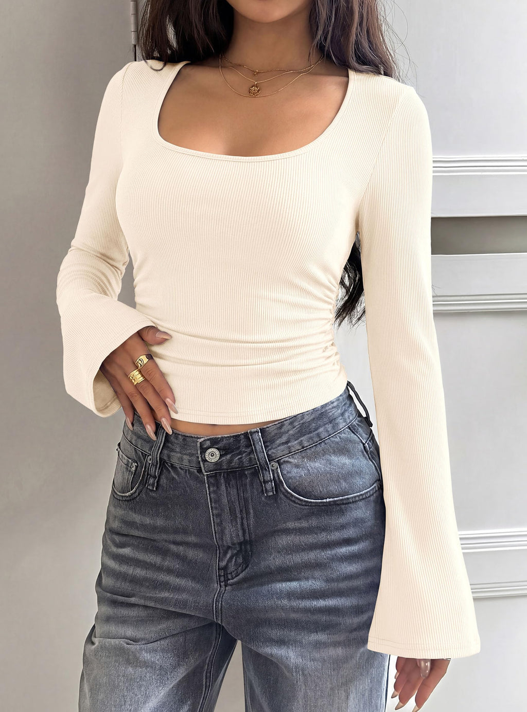 PRETTYGARDEN Womens Bell Long Sleeve Shirts Going Out Tops | Soft Stretchy Ribbed Knit, Square Neck, Slim Fit Y2K Clothes, Trendy Side Ruched, Layering Tee for Casual Fall & Winter Wear