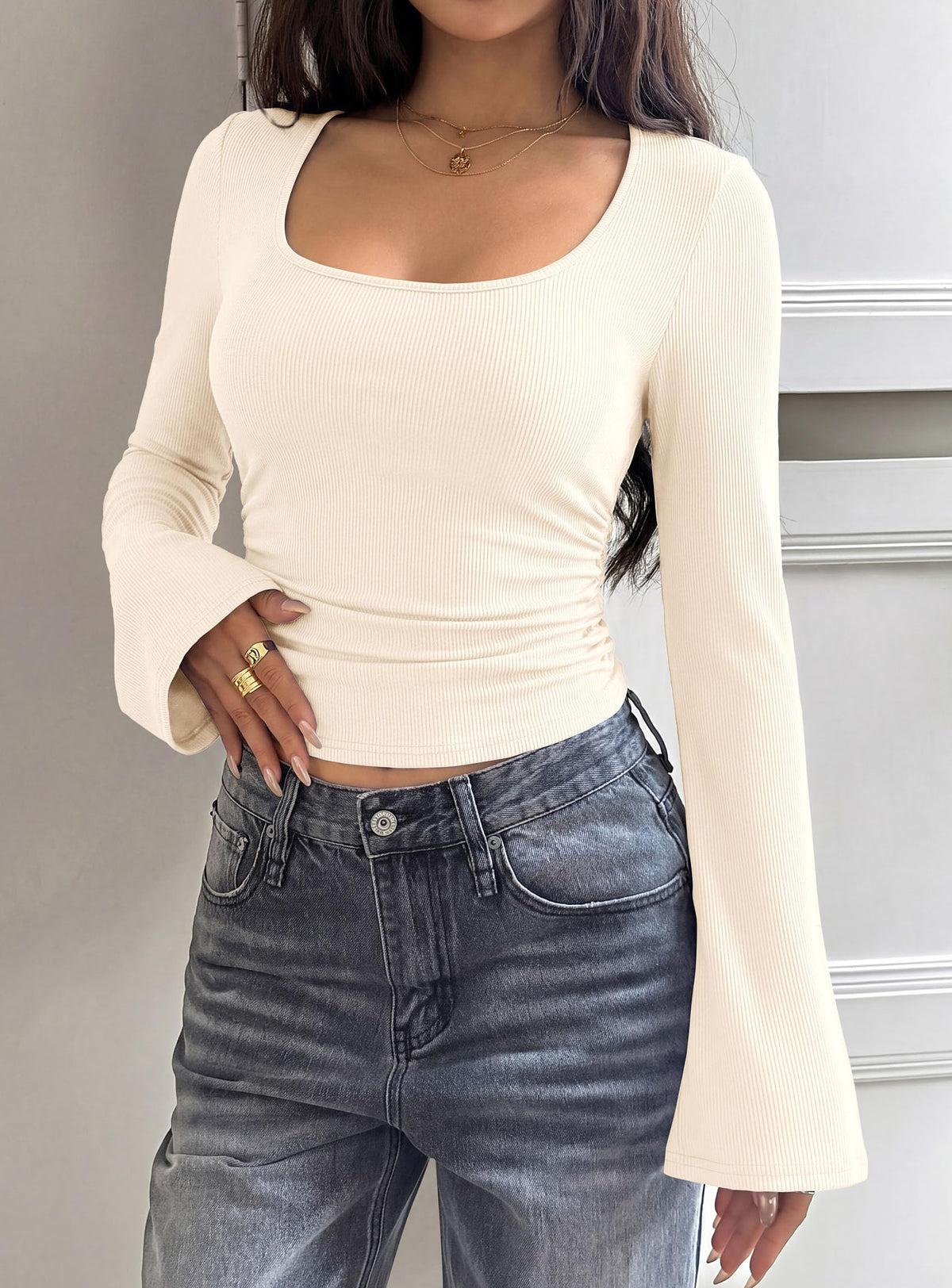 PRETTYGARDEN Womens Bell Long Sleeve Shirts Going Out Tops | Soft Stretchy Ribbed Knit, Square Neck, Slim Fit Y2K Clothes, Trendy Side Ruched, Layering Tee for Casual Fall & Winter Wear