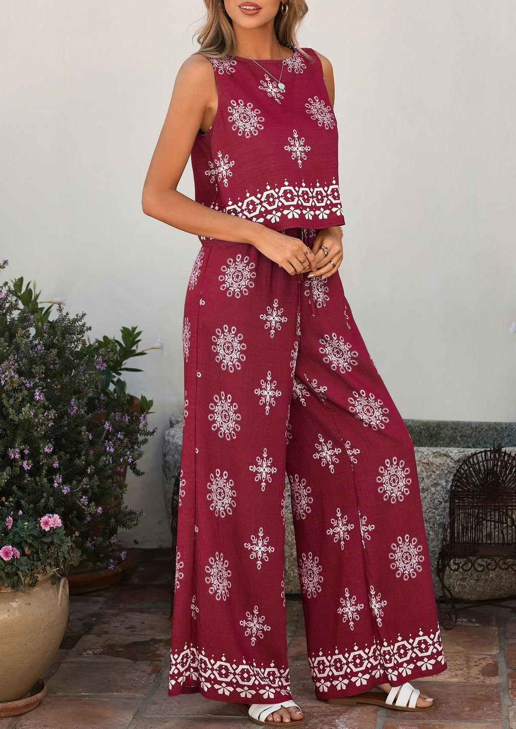 PRETTYGARDEN Women's Summer 2 Piece Lounge Sets Boho Floral Tank Tops Flowy Wide Leg Pants Travel Beach Vacation Outfits