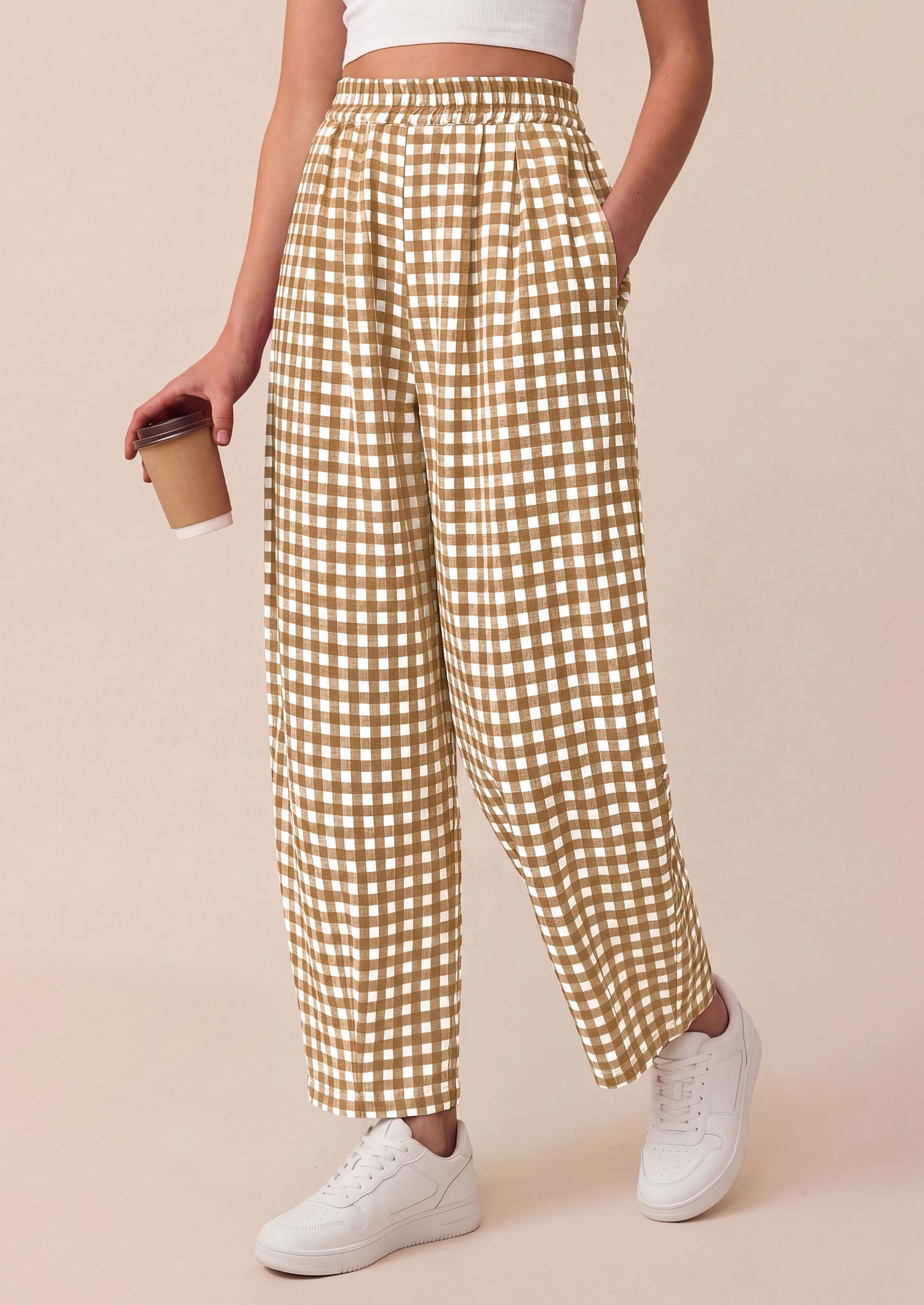 PRETTYGARDEN Plaid Barrel Pants Women Summer Casual Loose Wide Leg Lounge Gingham Trousers Spring Fashion Beach Bottoms