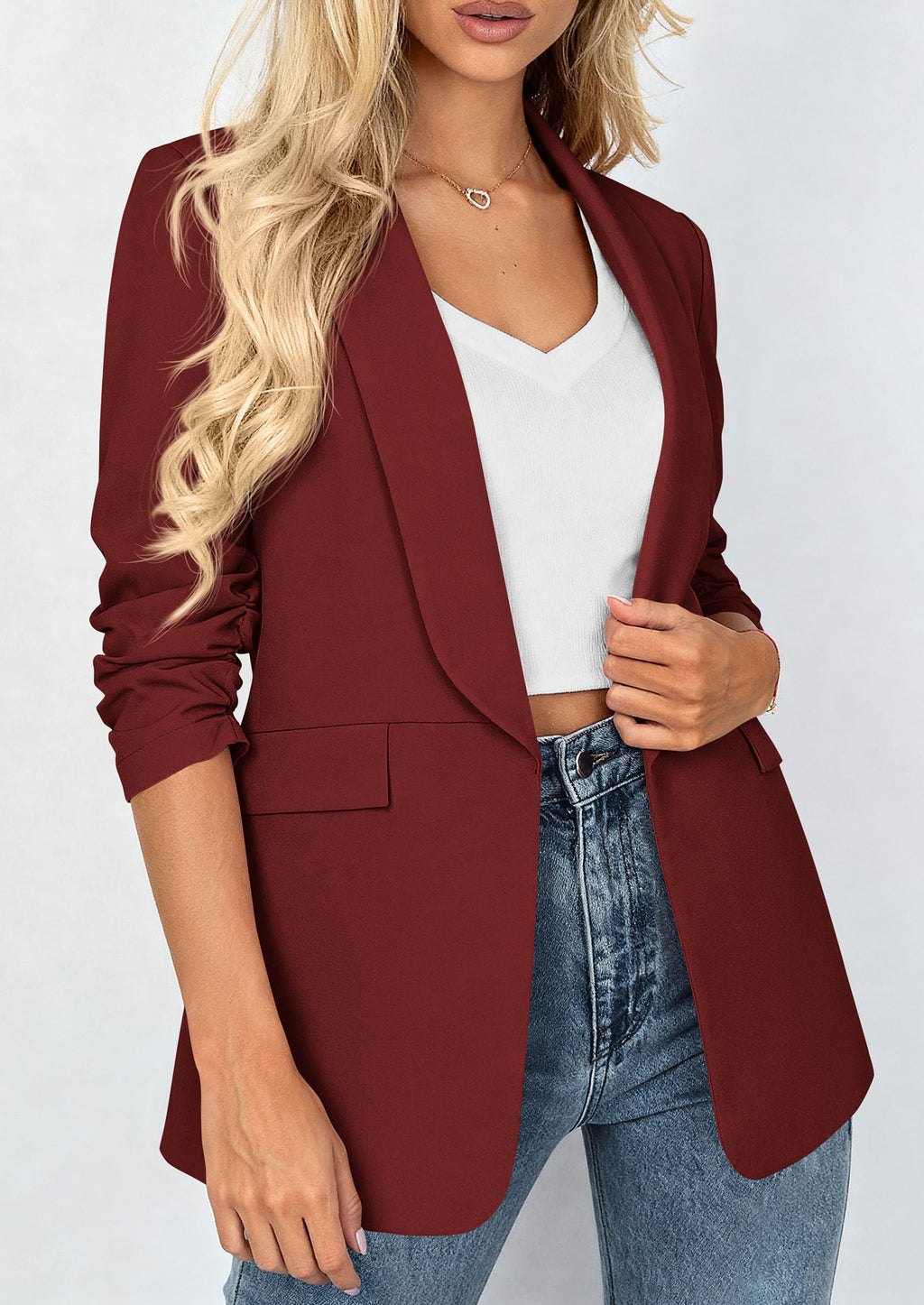 PRETTYGARDEN Women's Summer Blazers Business Casual Outfits | Ruched 3/4 Sleeve,Shawl Lapel,Collared Open Front,Padded Shoulder,Lightweight Jackets,Office Work Suits,Spring Fall Clothes
