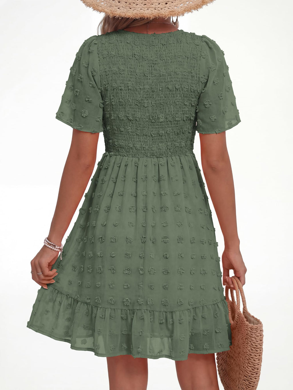 FreshPretty Womens Beach Vacation Dress Summer V Neck Short Sleeve Smocked Swiss Dot Ruffle Casual Mini Spring Dresses