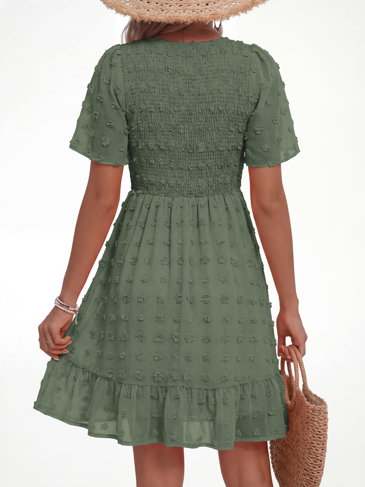 FreshPretty Womens Beach Vacation Dress Summer V Neck Short Sleeve Smocked Swiss Dot Ruffle Casual Mini Spring Dresses