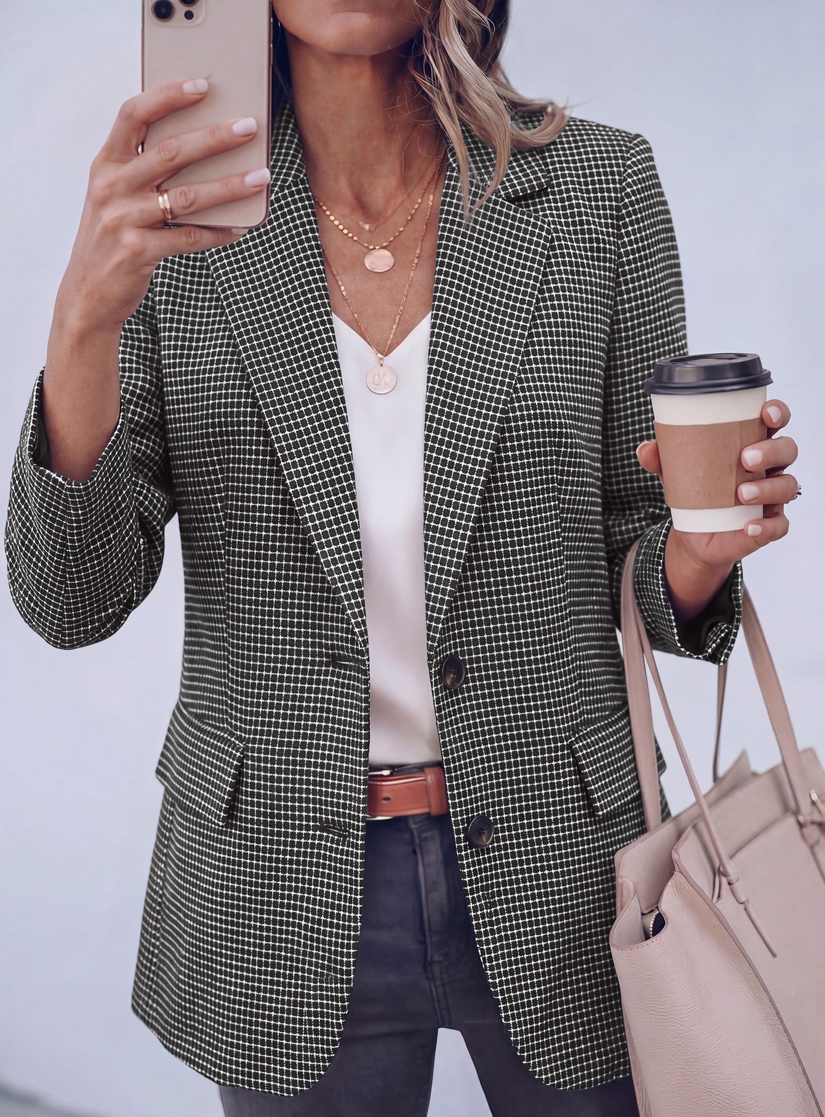 PRETTYGARDEN Fall Blazers for Women Business Casual | Long Sleeve Plaid Houndstooth, Notch Lapel Pockets, Oversized Blazer Outerwear, Trendy Suit Jackets, 2026 Winter Work Outfits