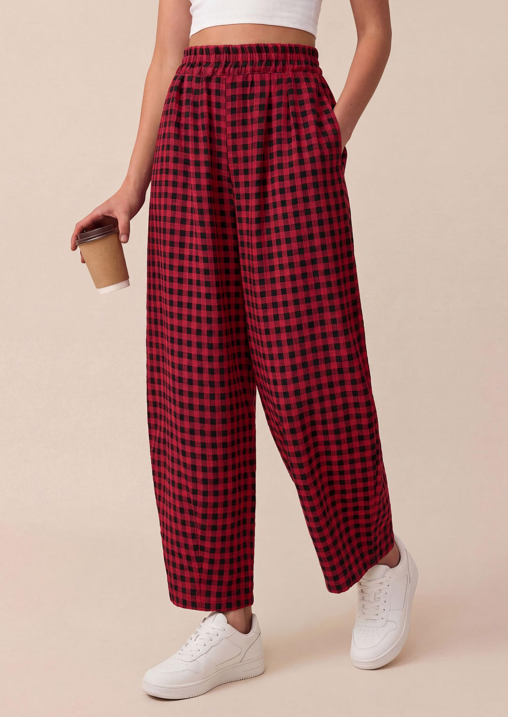 PRETTYGARDEN Plaid Barrel Pants Women Summer Casual Loose Wide Leg Lounge Gingham Trousers Spring Fashion Beach Bottoms