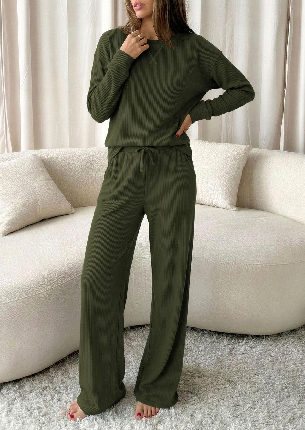 PRETTYGARDEN Sweatsuits Women 2 Piece Airport Travel Outfits | Ribbed Knit Lounge Sets, Casual Athleisure Wear, Matching Long Sleeve Shirts & Wide Leg Pants Pockets, Fall Winter Clothes