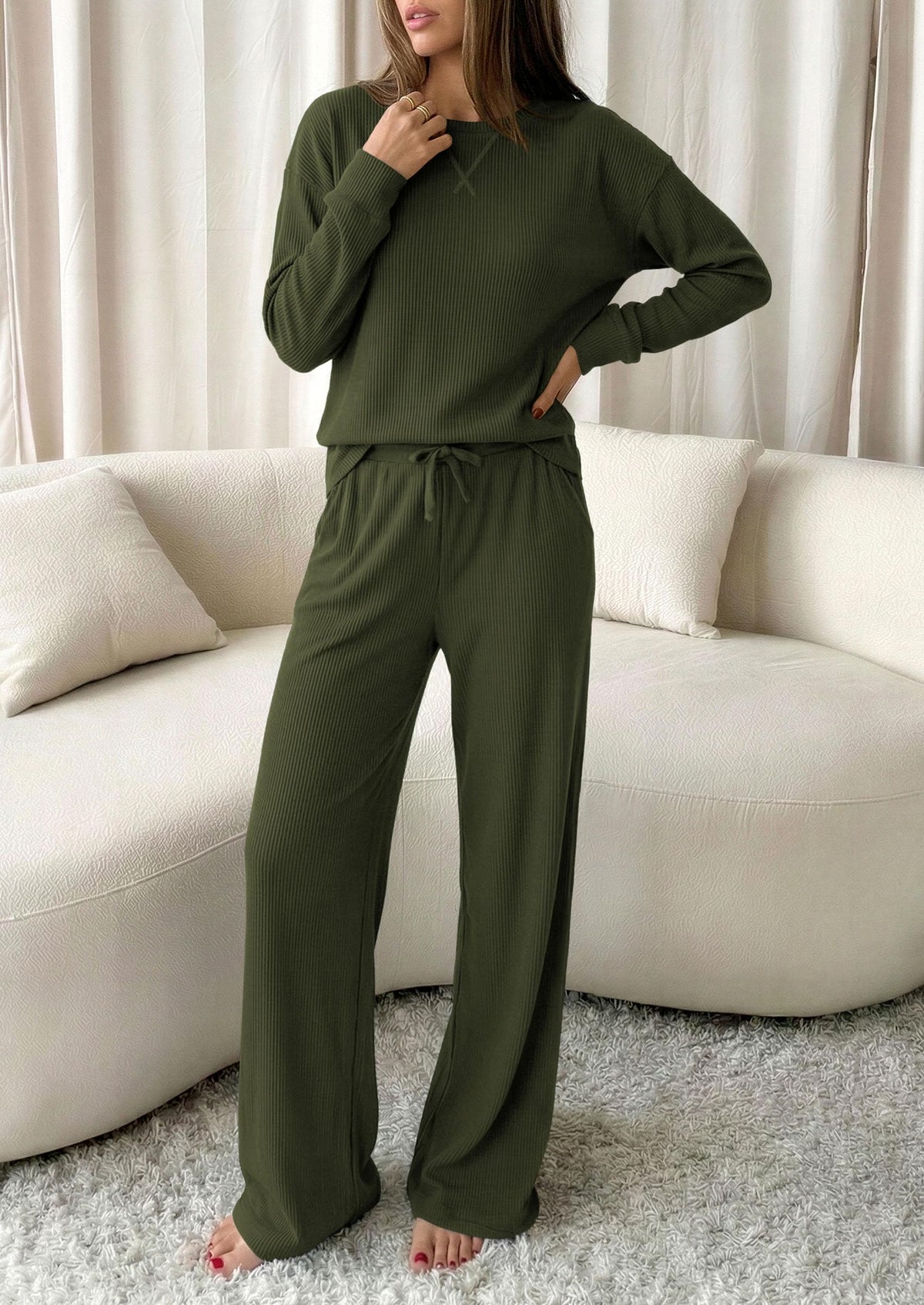 PRETTYGARDEN Sweatsuits Women 2 Piece Airport Travel Outfits | Ribbed Knit Lounge Sets, Casual Athleisure Wear, Matching Long Sleeve Shirts & Wide Leg Pants Pockets, Fall Winter Clothes