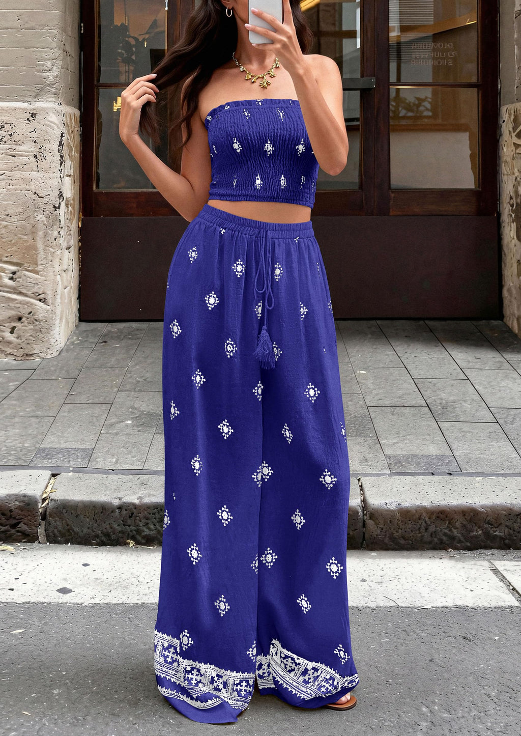 PRETTYGARDEN 2 Piece Sets for Women Summer  Travel Outfits Print Tube Tops Wide Leg Pants Beach Vacation Clothes