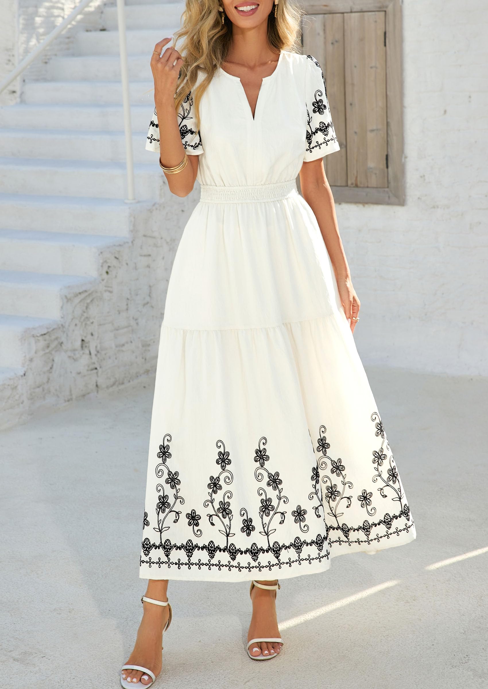 PRETTYGARDEN Women's Summer Boho Maxi Dress Spring Floral Short Sleeve V Neck A Line Flowy Beach Wedding Guest Dresses