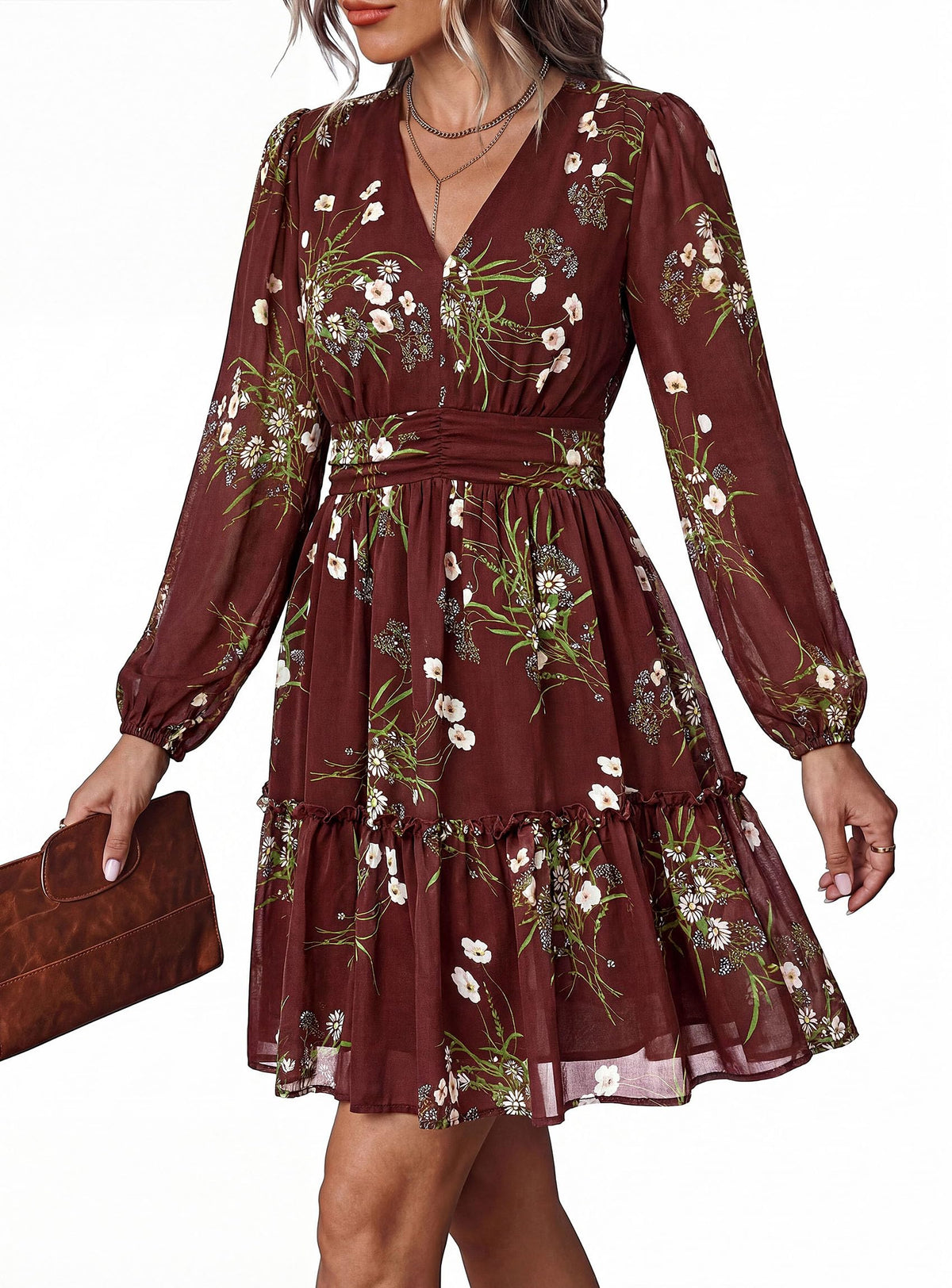 PRETTYGARDEN Women Floral Long Sleeve Mini Dress | Fall Wedding Guest Dresses, V Neck, Fit & Flare, Ruffle Hem A-Line, Short Chiffon Dress, Elegant Holiday Party, Date Outfits