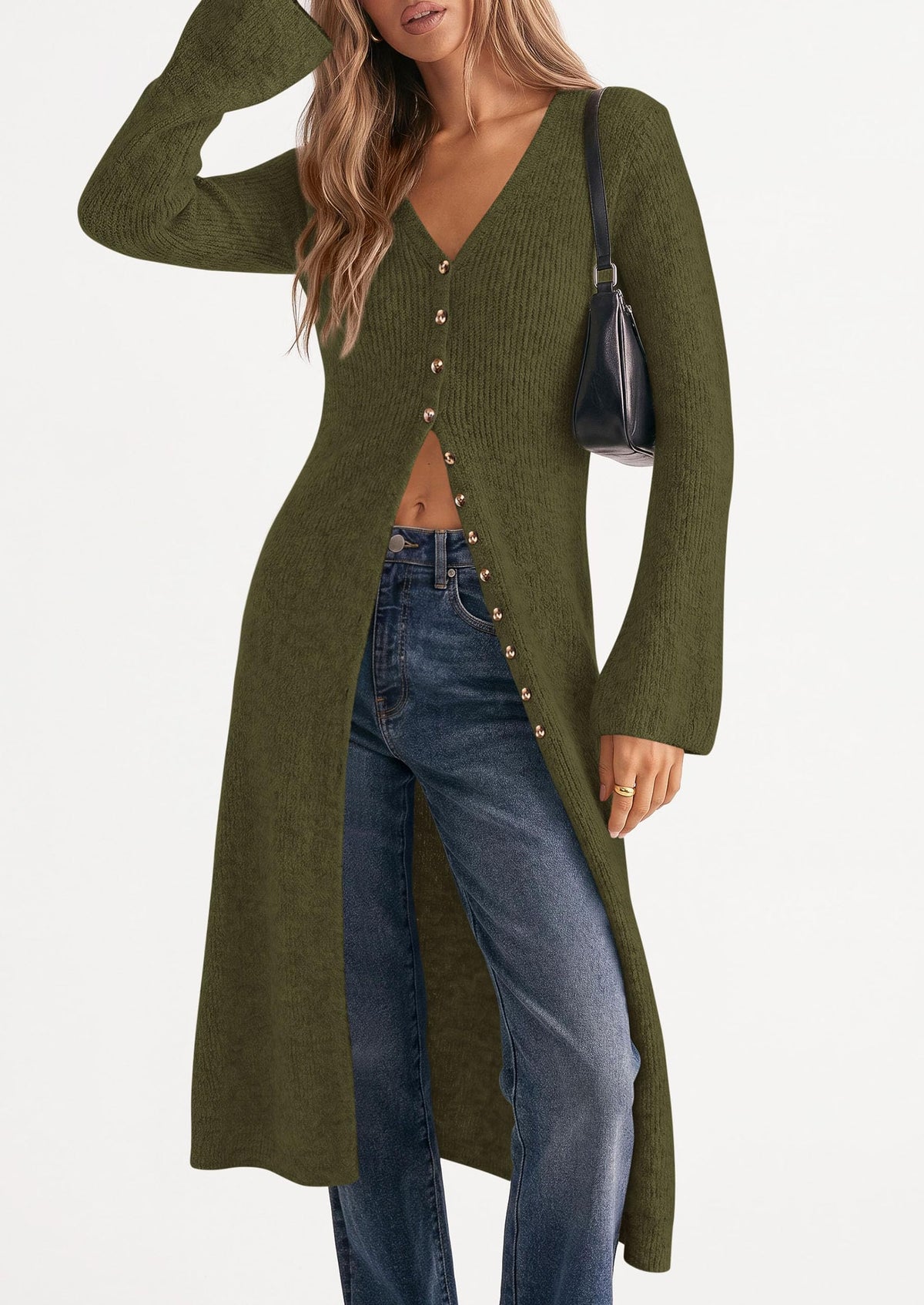PRETTYGARDEN Women Long Cardigan Bell Sleeve Sweater Dress Early Fall Fashion, V Neck Button Down Coats, Fit and Flare, Duster Sweater, Acrylic Cotton Blend