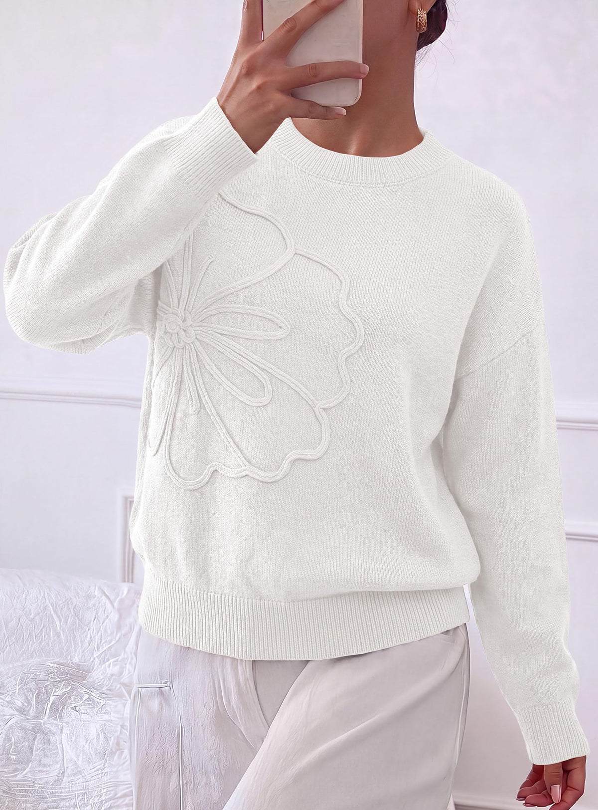 PRETTYGARDEN Womens Sweaters Floral Long Sleeve Knit Tops，Soft Cozy Knit, Cute 3D Flower, Crewneck Relaxed Fit Pullover, Casual Date Work, Fall Fashion Teacher Outfits, Winter Clothes