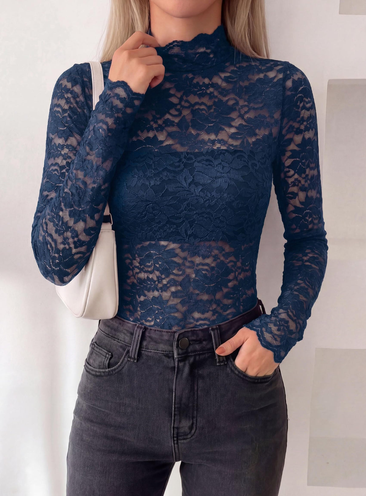 PRETTYGARDEN Womens Lace Long Sleeve Tops Sheer Mesh Blouse | Mock Neck Floral See Through, Slim Fitted, Soft Stretchy Elegant, Going Out Concert, Club Party Outfits, Fall Fashion Clothes