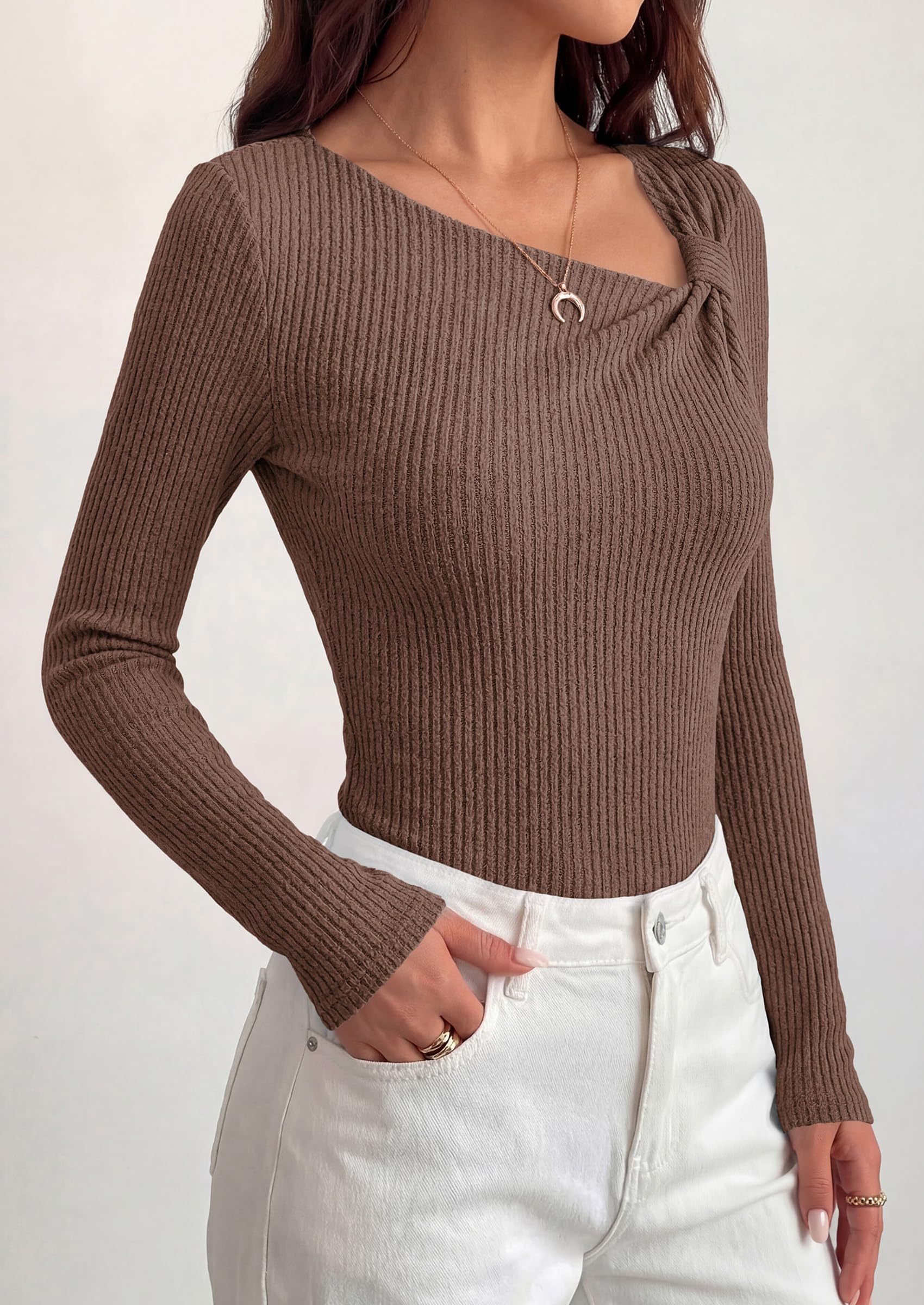 PRETTYGARDEN Womens  Early Fall Fashion Long Sleeve T Shirts Asymmetrical Ribbed Fitted Trendy Going Out Tops Y2K Outfits
