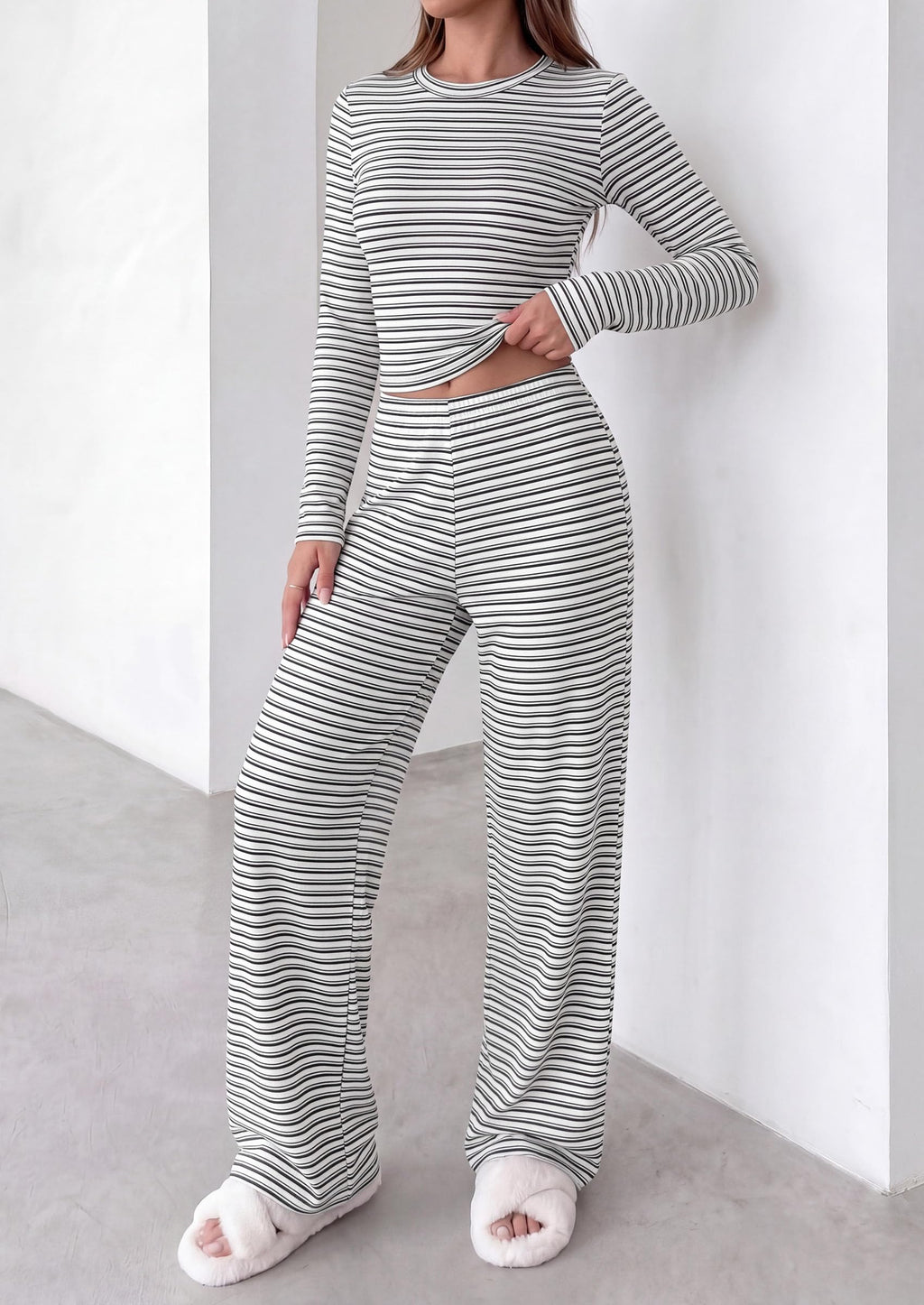 PRETTYGARDEN Women 2 Piece Striped Lounge Sets Soft Cozy Knit, Matching Airport Travel Outfits, Long Sleeve Shirts, Wide Leg Pants Pockets, Fall Winter Comfy Casual Clothes