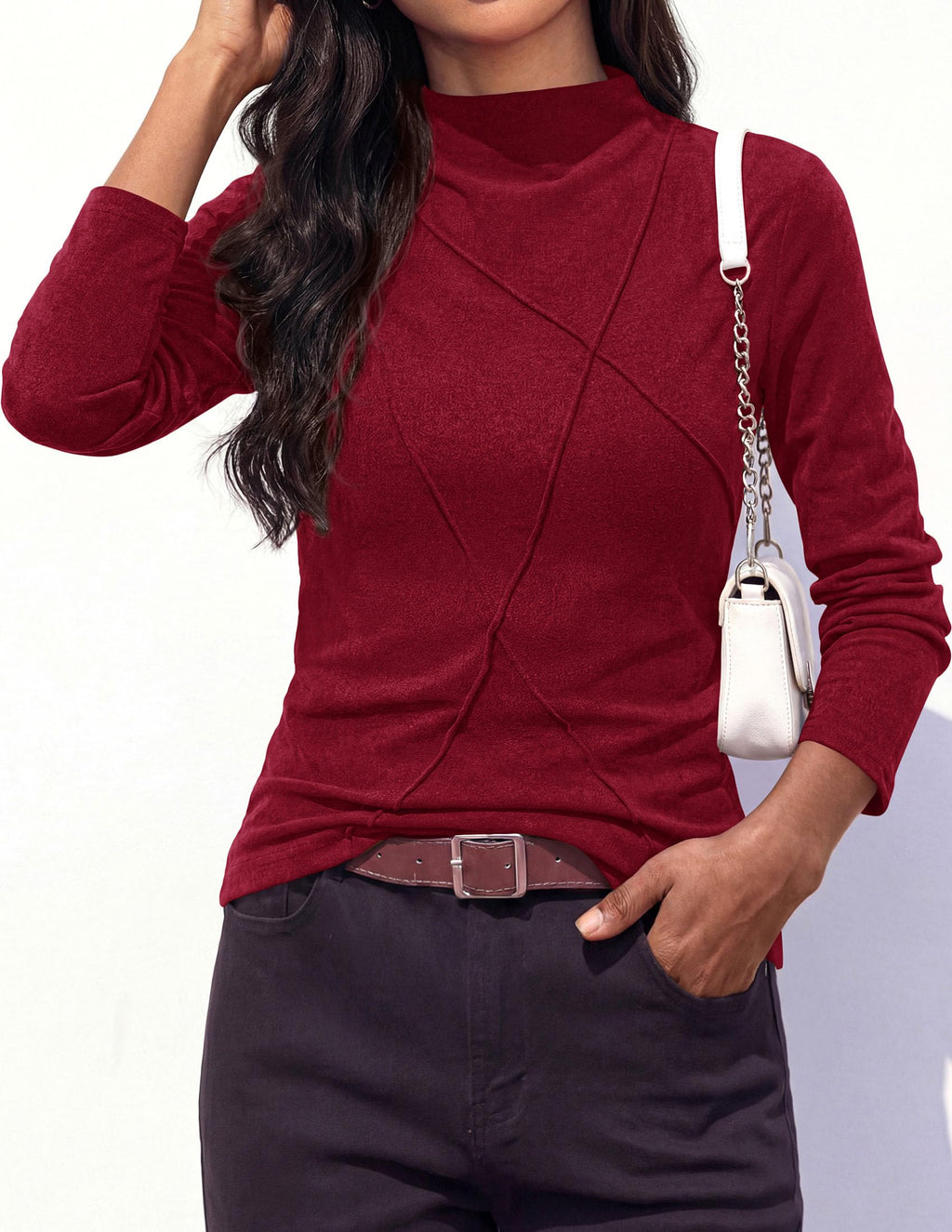 PRETTYGARDEN Women's Fall Mock Neck Long Sleeve Shirts | Soft Stretchy Knit,Geometric Seam Stitching,Slim Fitted Basic Tees,Thermal Casual Wear,Daily Work Layering Winter Tunic Top