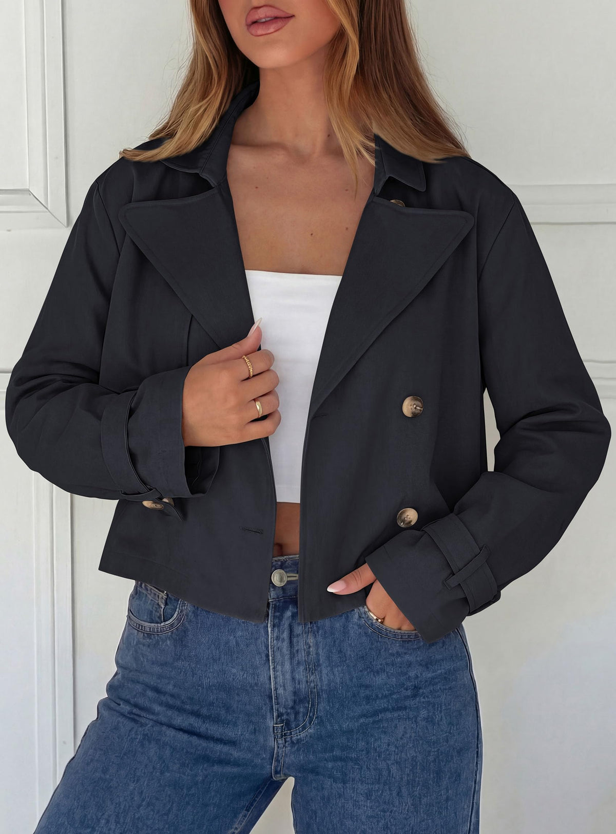 PRETTYGARDEN Cropped Trench Coat For Women Short Jacket,Soft Lightweight Coats, Lapel Double Breasted, Long Sleeve Loose Fit, Casual Work Office Jackets, Fall Winter Outwear