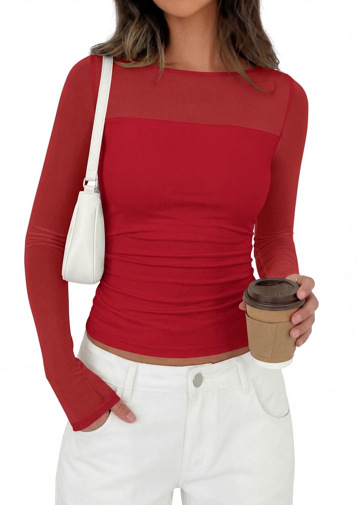 PRETTYGARDEN Women's Sheer Mesh Long Sleeve Going Out Tops | Comfy Stretchy Patchwork,Boat Neck,Ruched Slim Fitted,See Through,Trendy Shirts,Date Night Outfit,Early Fall Fashion Clothing
