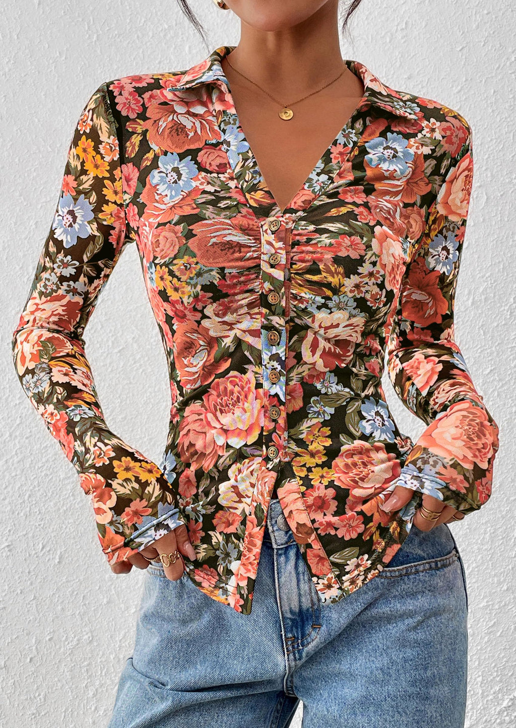 PRETTYGARDEN Women Button Down Floral Shirts Fall Trendy Long Sleeve V Neck Mesh Boho Blouse Spring Tops Date Outfits