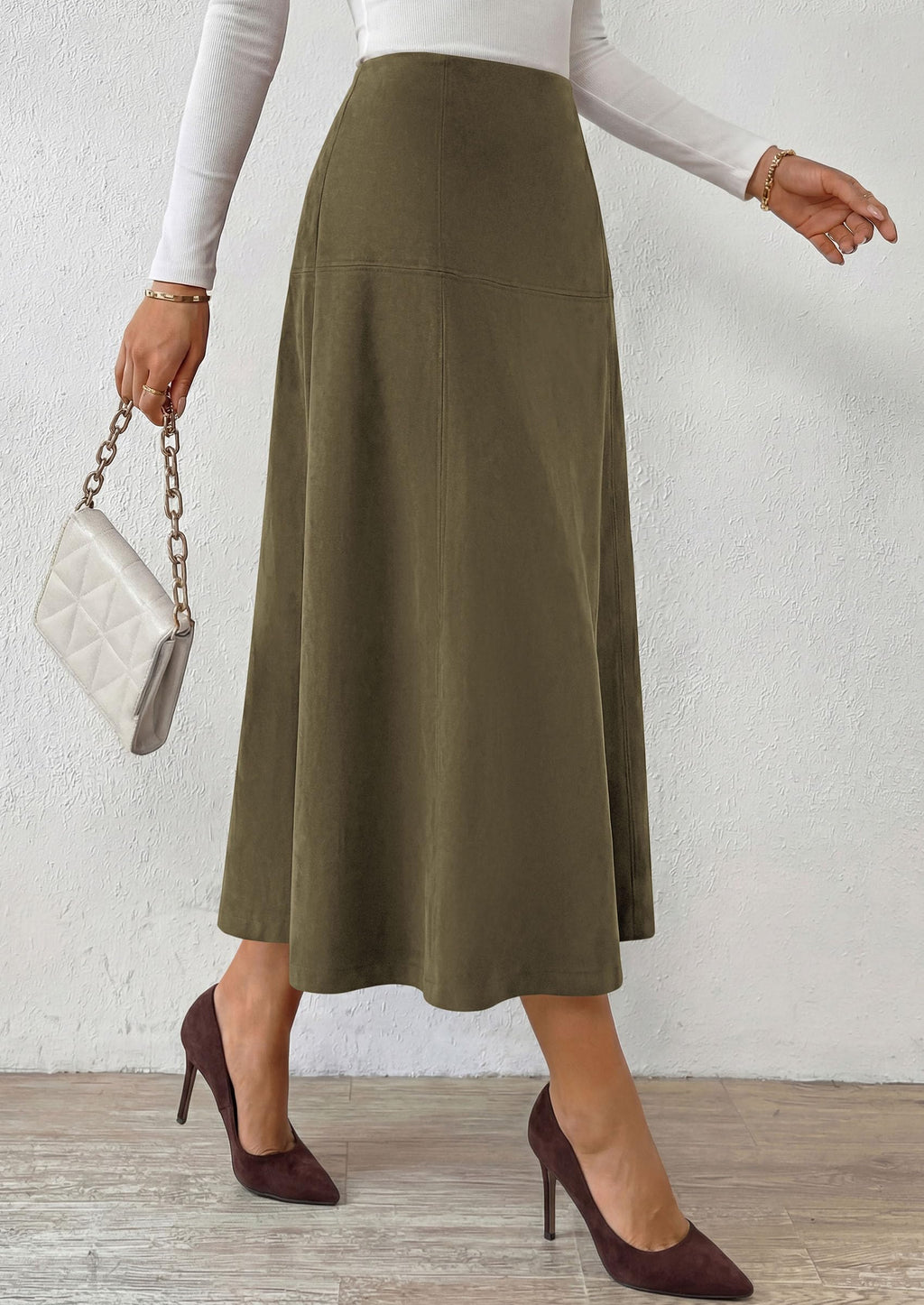 PRETTYGARDEN Womens High Waist Faux Suede A Line Midi Skirt | Hidden Stretch Elastic Waist, Front Back Panel Stitching, Vintage Elegant Mid-Calf Long Skirts for Fall Winter Office Daily