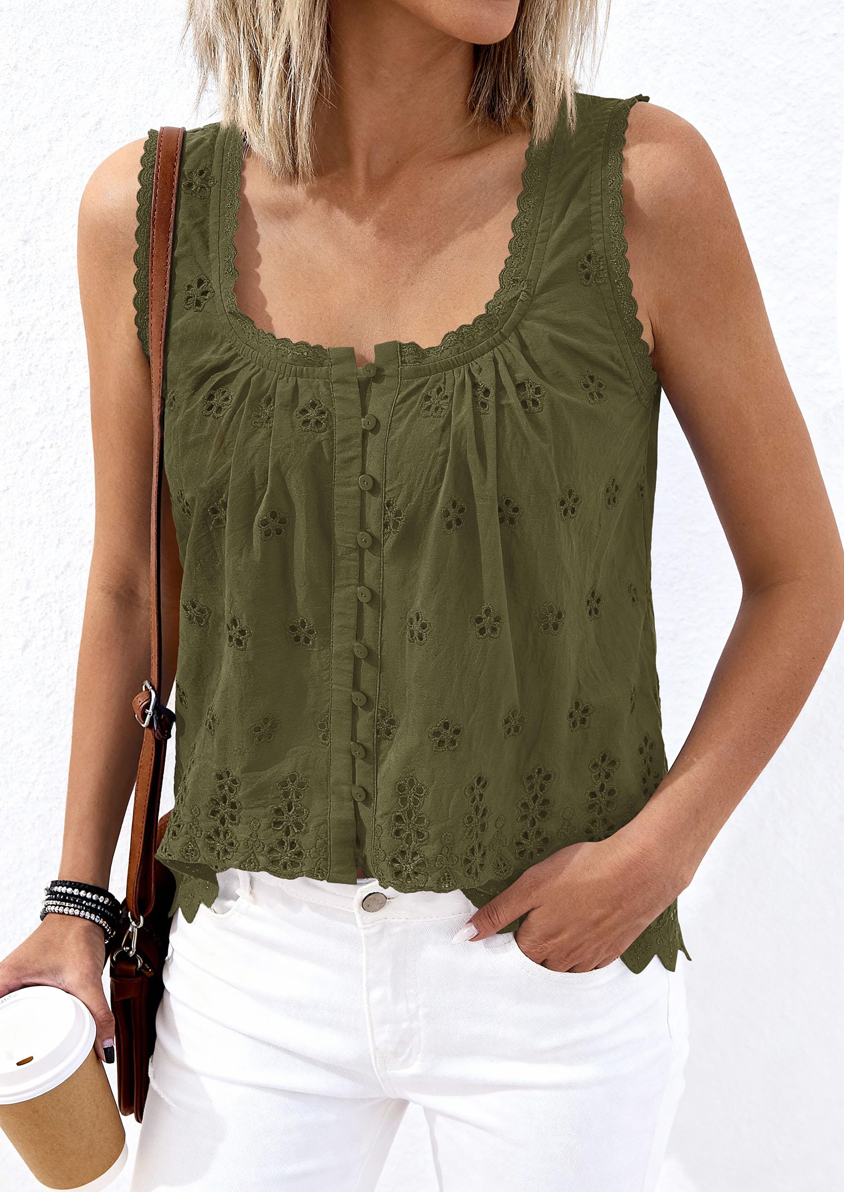 PRETTYGARDEN Womens Tank Tops 2026 Summer Button Down Shirts Embroidered Eyelet Dressy Casual Blouses Beach Vacation Clothes