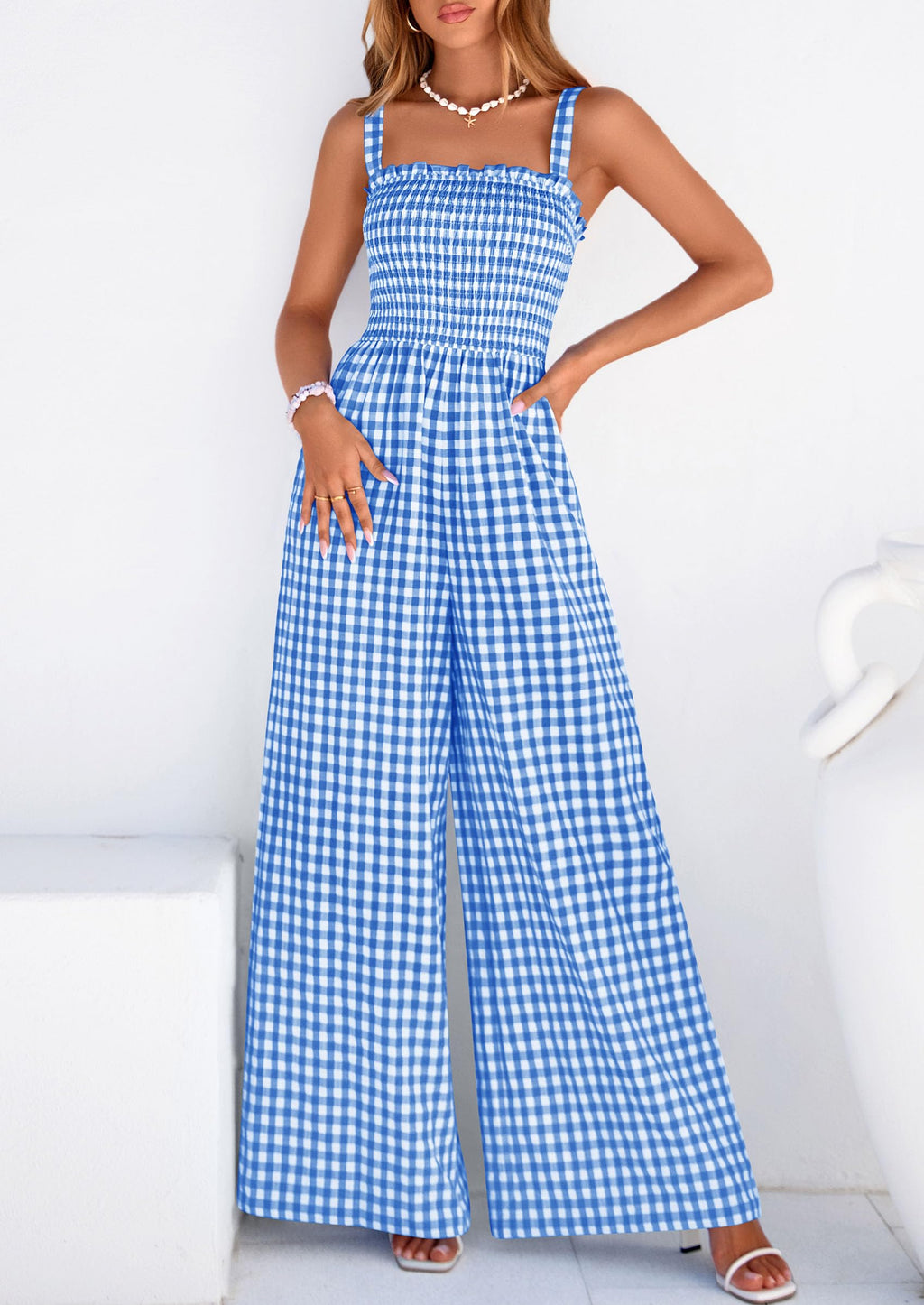 PRETTYGARDEN One Piece Jumpsuits for Women Casual Summer Cruise Outfits  Spring Fashion Smocked Wide Leg Gingham Rompers