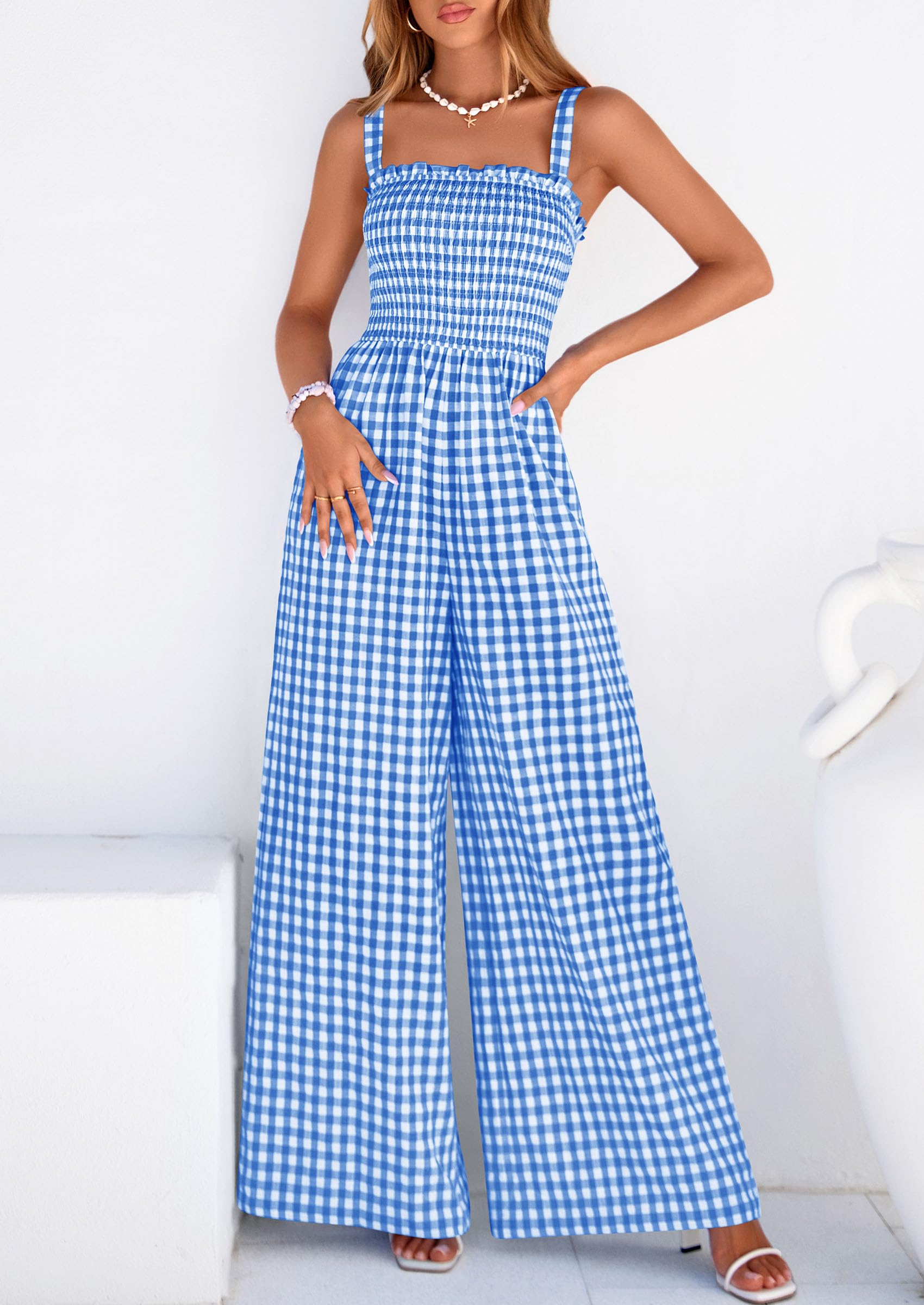 PRETTYGARDEN One Piece Jumpsuits for Women Casual Summer Cruise Outfits  Spring Fashion Smocked Wide Leg Gingham Rompers