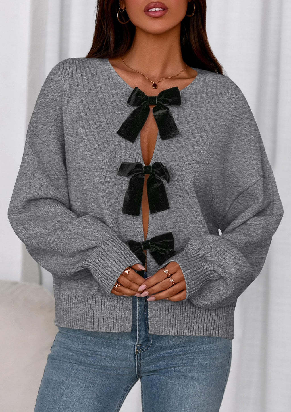 PRETTYGARDEN Cardigan Sweaters for Women Fall Fashion Bow Tie Front Long Sleeve Knit Sweater Tops Cute Winter Clothes