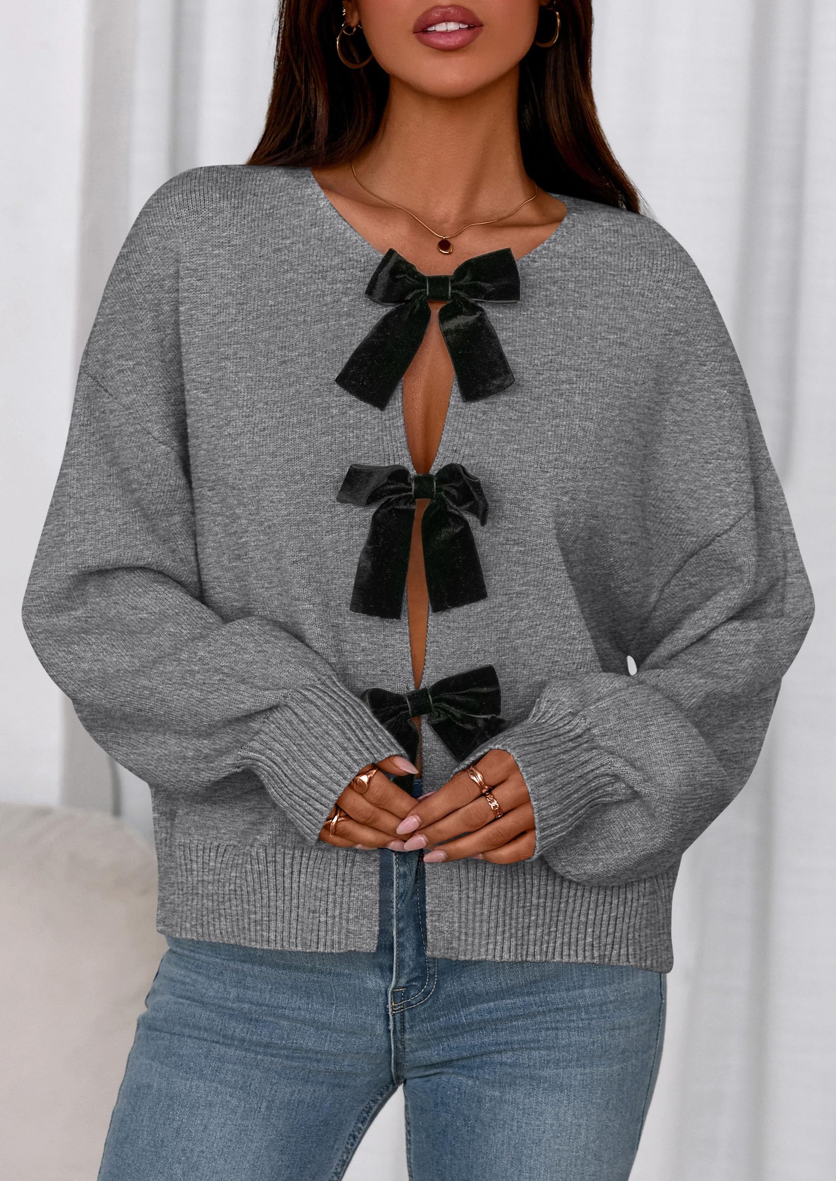 PRETTYGARDEN Cardigan Sweaters for Women Fall Fashion Bow Tie Front Long Sleeve Knit Sweater Tops Cute Winter Clothes